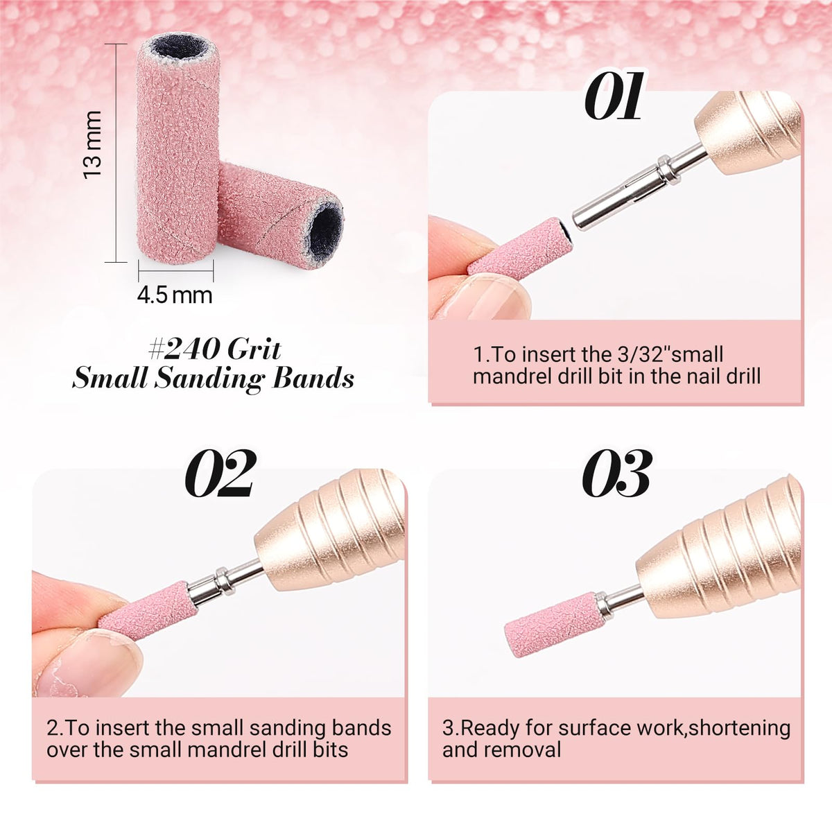 MelodySusie 120 Pcs Nail Drill Bits Small Sanding Bands for 3.1mm Mandrel Bit, 180 Fine Grit Nail File for Acrylic Nails Gel Manicures and Pedicure, Pink (Only Sanding Bands)