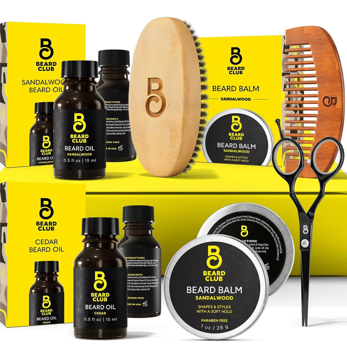 The Beard Club Premium Beard Kit for Men - Grooming & Care Kit - Cedar & Sandalwood Oil, Sandalwood Balm, Shampoo, Brush, Comb, Trimming Scissors, Straight Edge Razor - Gift Set