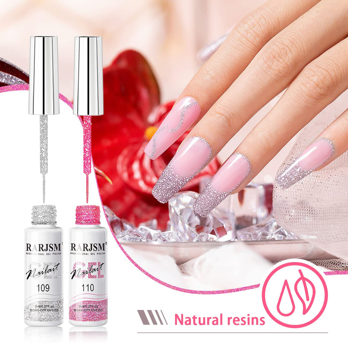 RARJSM Metallic Gel Liner Nail Art Silver Bronze Gold 2pcs Set Mirror Chrome 3D Effect Gel Nail Polish 8ml Build in Thin Brush Metal Painted Drawing Stripper Gelpolish Curing Requires for Home Salon