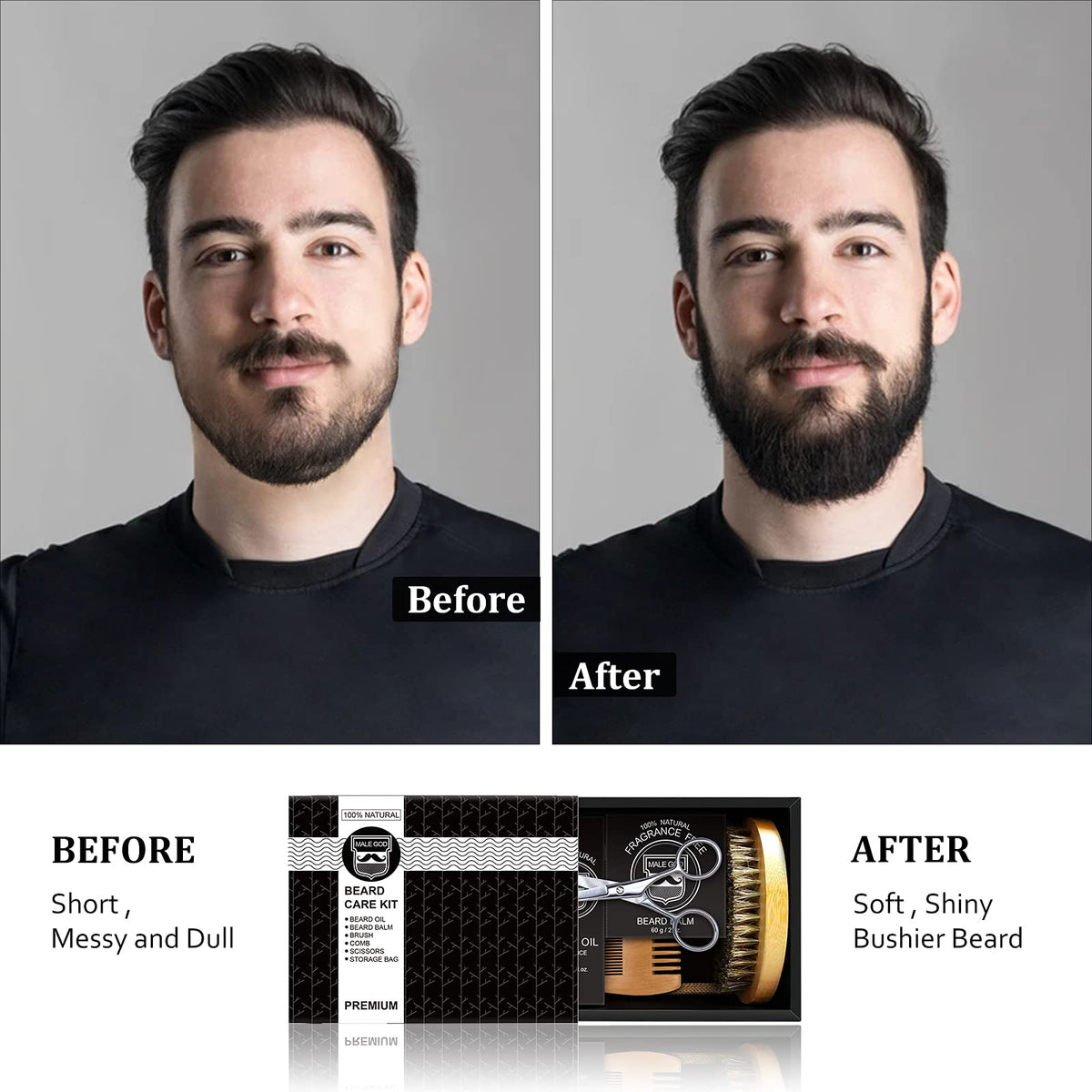 MALE GOD Beard Kit, Beard Growth Kit w/Natural Ingredients Beard Oil & Balm & Comb, Beard Growth Oil w/4X Thickening Biotin, Fathers Day | Chrismtas | Birthday Gifts for Men Him Husband Boyfriend Dad