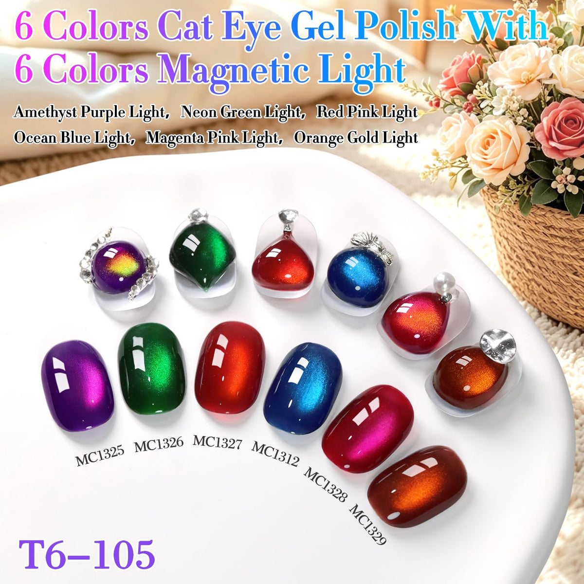 Double Rhythm Cat Eye Gel Nail Polish Set of 6 Same Color Same Bottle 0.5 Oz Shimmer Glitter with Magnet Holographic Magnetic UV Nail Polish Kit (Blush Fuchsia Magenta Purple Violet Lavender -T6-107)