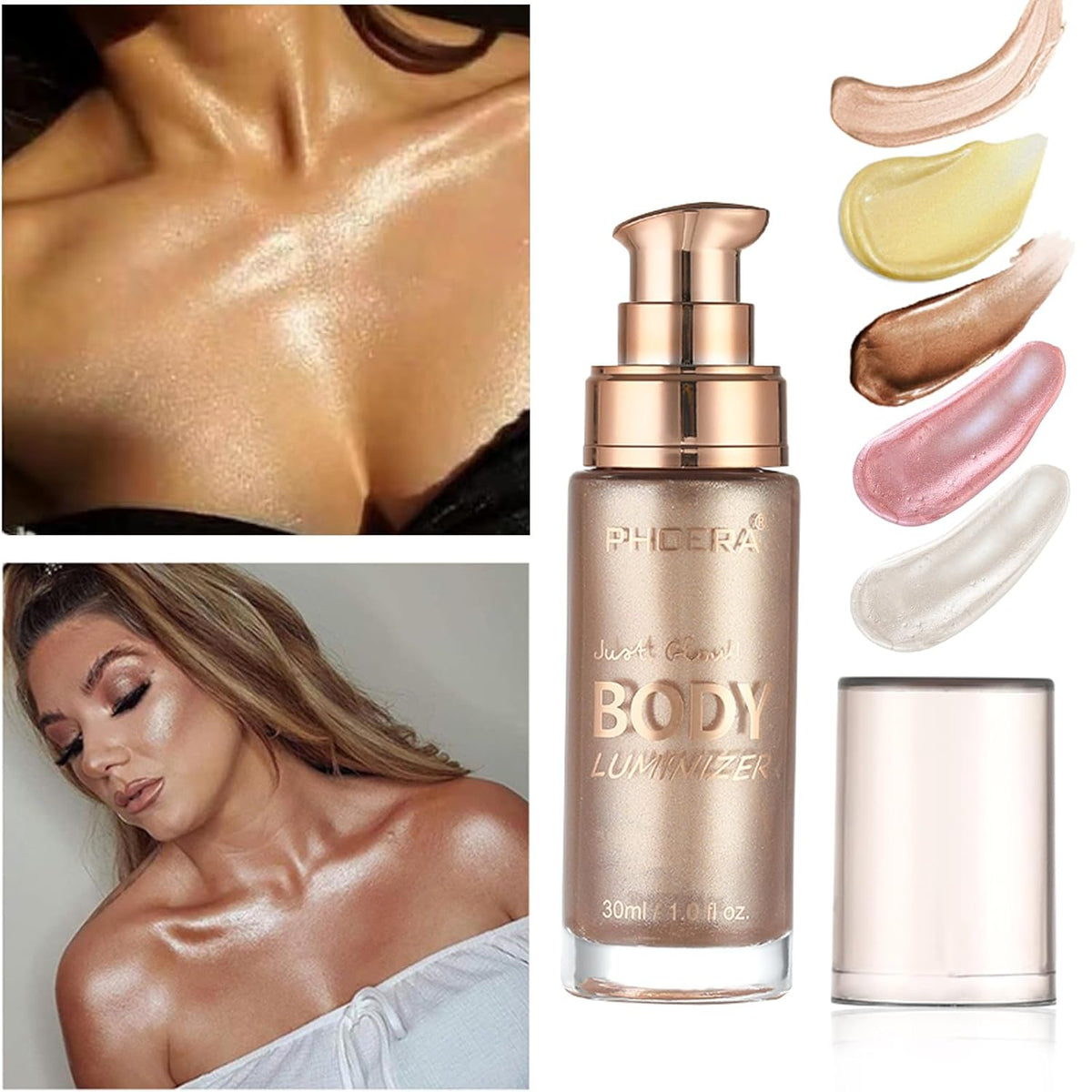 Body Shimmer Oil, Rose Gold Natural Glow Luminizer, Brush Include, 1oz