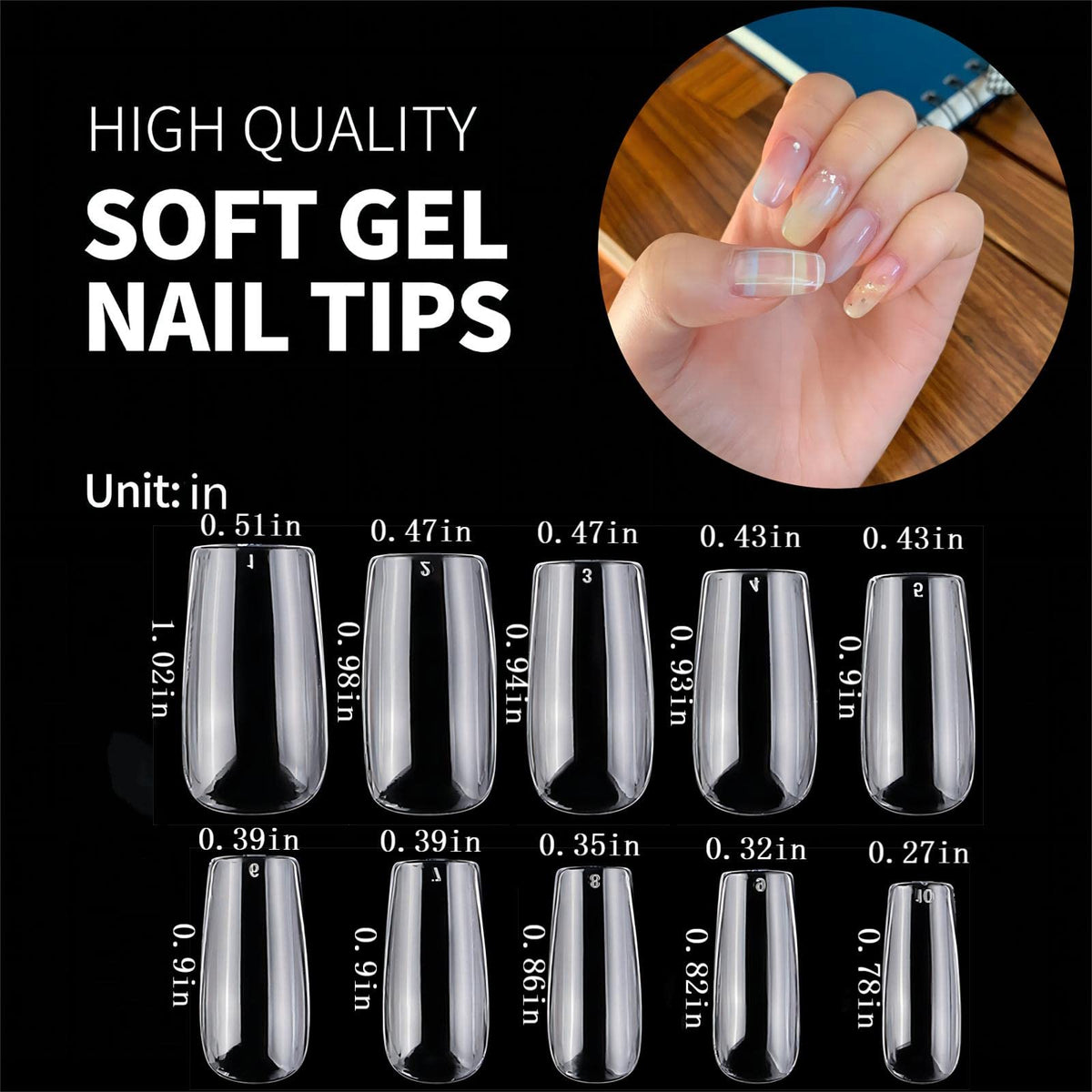 1000pcs Clear and Natural Acrylic Nail Tips,10 Size French Nail Tips For Acrylic Nails Half Cover False Nails Extension Artificial Fingernails