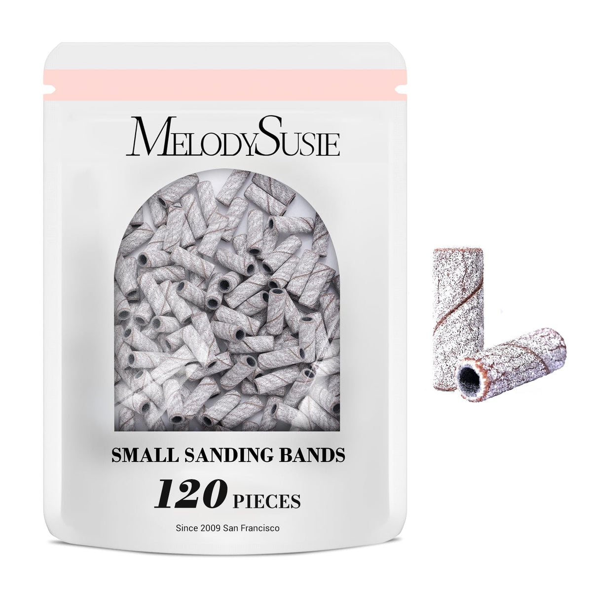 MelodySusie 120 Pcs Nail Drill Bits Small Sanding Bands for 3.1mm Mandrel Bit, 180 Fine Grit Nail File for Acrylic Nails Gel Manicures and Pedicure, Pink (Only Sanding Bands)