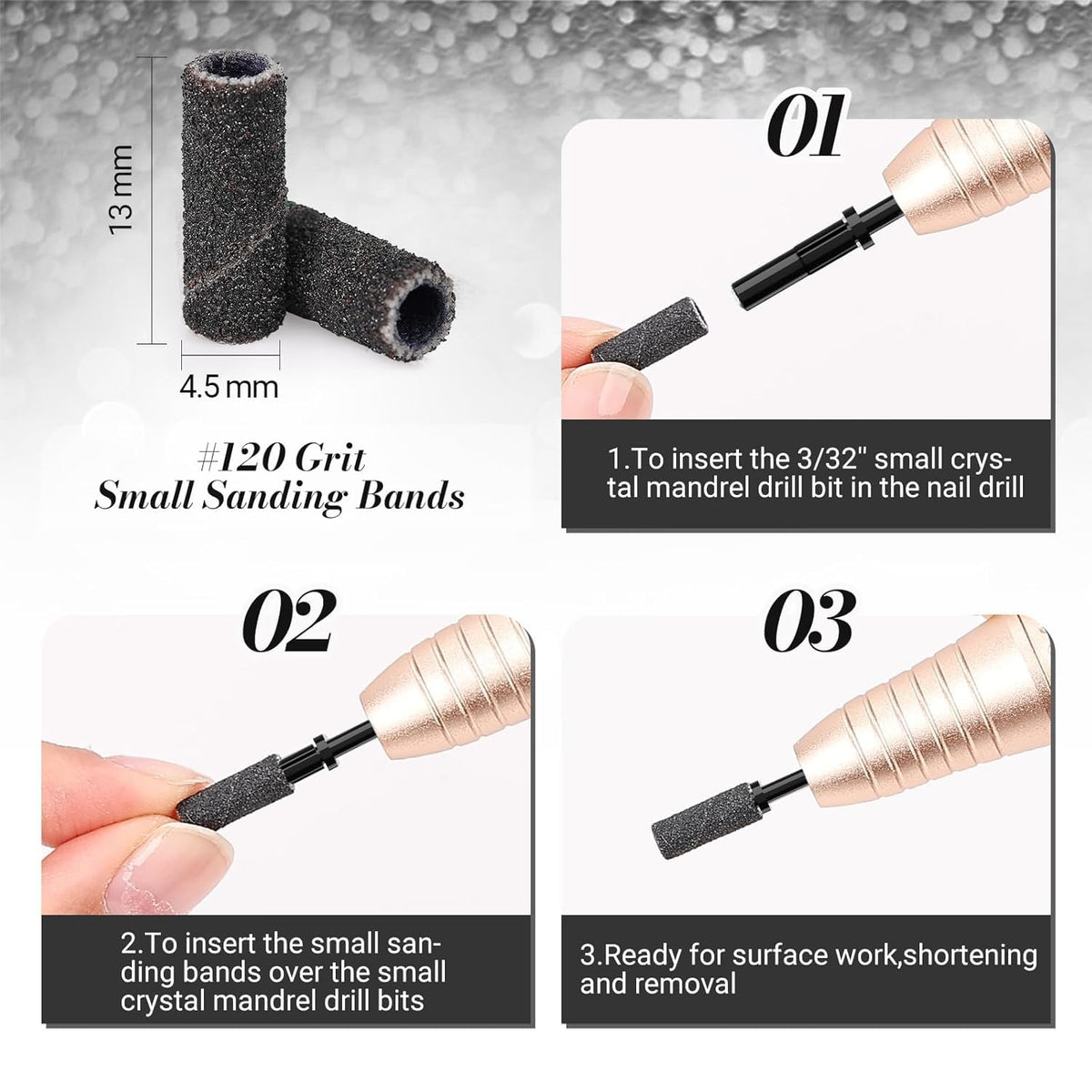 MelodySusie 120 Pcs Nail Drill Bits Small Sanding Bands for 3.1mm Mandrel Bit, 180 Fine Grit Nail File for Acrylic Nails Gel Manicures and Pedicure, Pink (Only Sanding Bands)