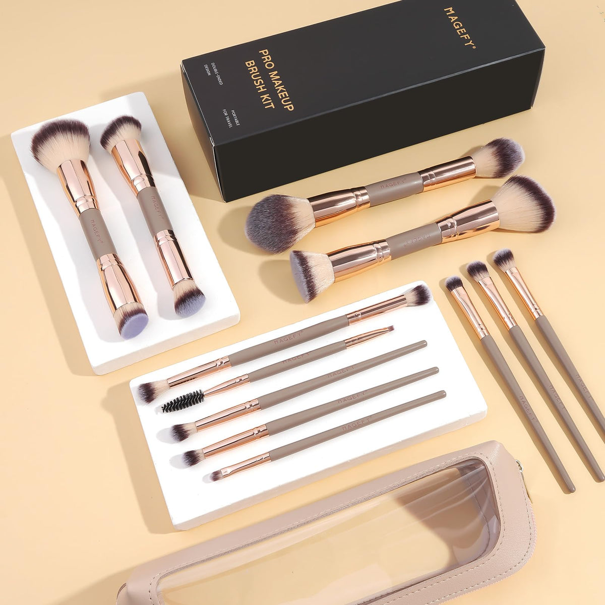 MAGEFY Makeup Brushes 12Pcs with Bag, Double-End Multi-functional for Foundation Powder Blush Eyeliner Eyeshadows brushes with Gift Box,Blackgold