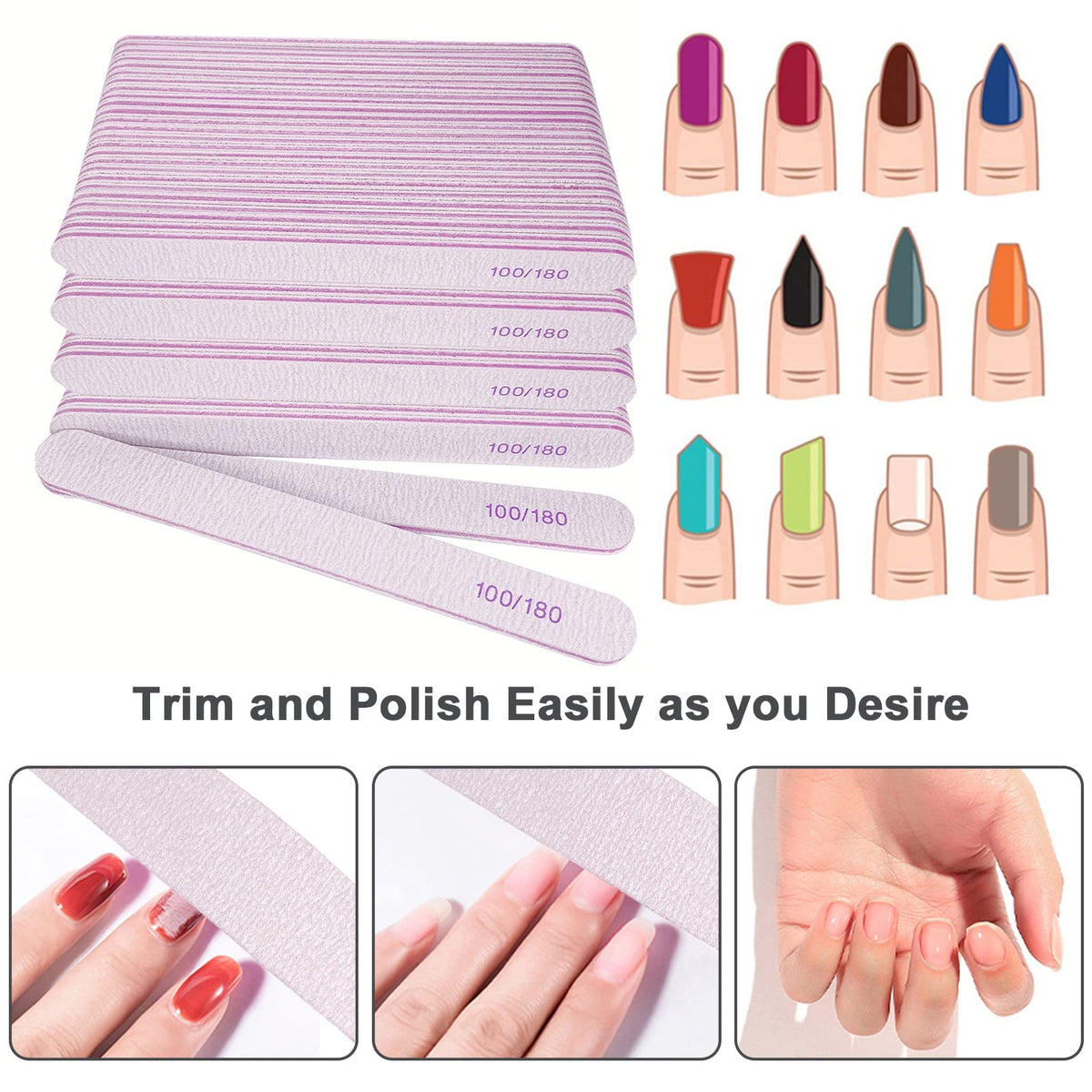 50 Pcs Nail File, Emery Board Nail Files for Acrylic Nails and Natural Nails, 100/180 Grit Double Sided Fingernail File Gel Nail Professional Reusable Washable Manicure Pedicure Kit Set Gray