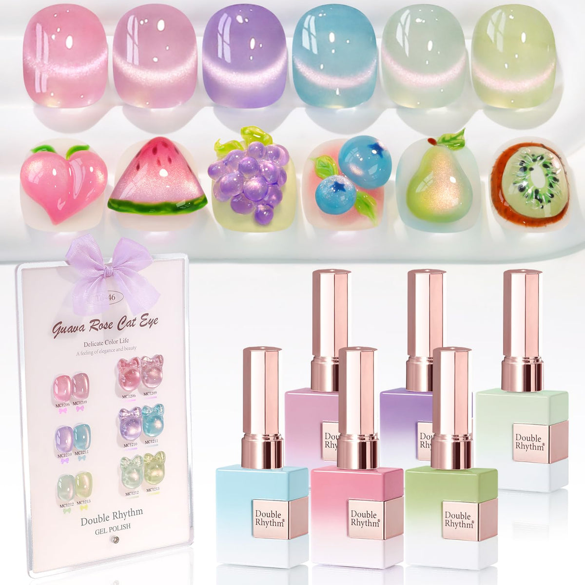 Double Rhythm Cat Eye Gel Nail Polish Set of 6 Same Color Same Bottle 0.5 Oz Shimmer Glitter with Magnet Holographic Magnetic UV Nail Polish Kit (Blush Fuchsia Magenta Purple Violet Lavender -T6-107)
