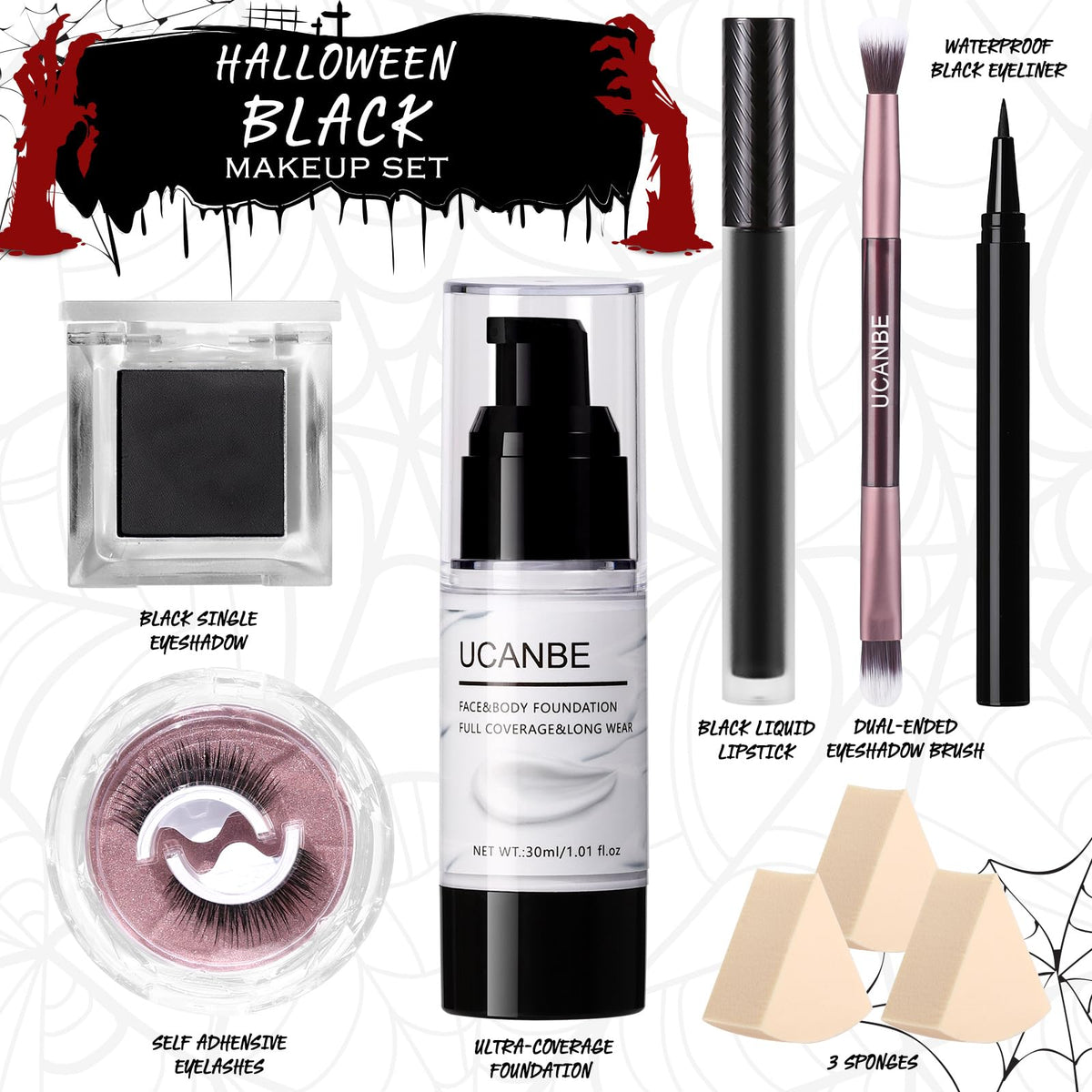 UCANBE Halloween Makeup Kit – 15-Color Purple Eyeshadow Palette, White Liquid Foundation, Purple Liquid Lipstick, Black Eyeliner, Setting Powder & Sponges Makeup Set for Cosplay Witch Devil Sorceress