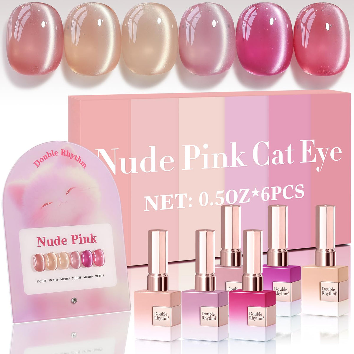 Double Rhythm Cat Eye Gel Nail Polish Set of 6 Same Color Same Bottle 0.5 Oz Shimmer Glitter with Magnet Holographic Magnetic UV Nail Polish Kit (Blush Fuchsia Magenta Purple Violet Lavender -T6-107)