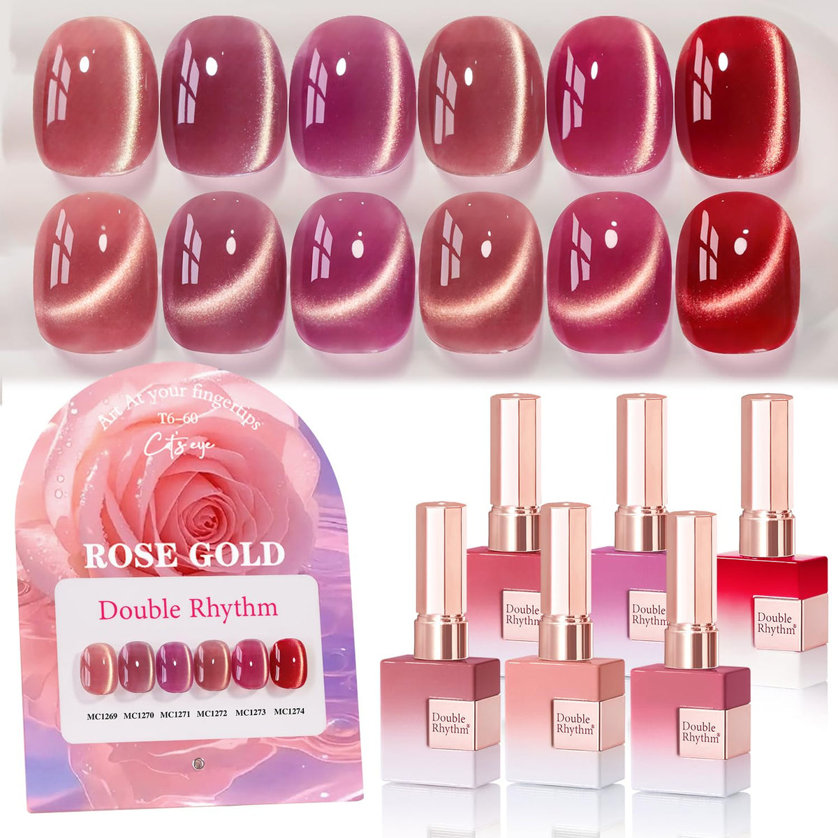 Double Rhythm Cat Eye Gel Nail Polish Set of 6 Same Color Same Bottle 0.5 Oz Shimmer Glitter with Magnet Holographic Magnetic UV Nail Polish Kit (Blush Fuchsia Magenta Purple Violet Lavender -T6-107)