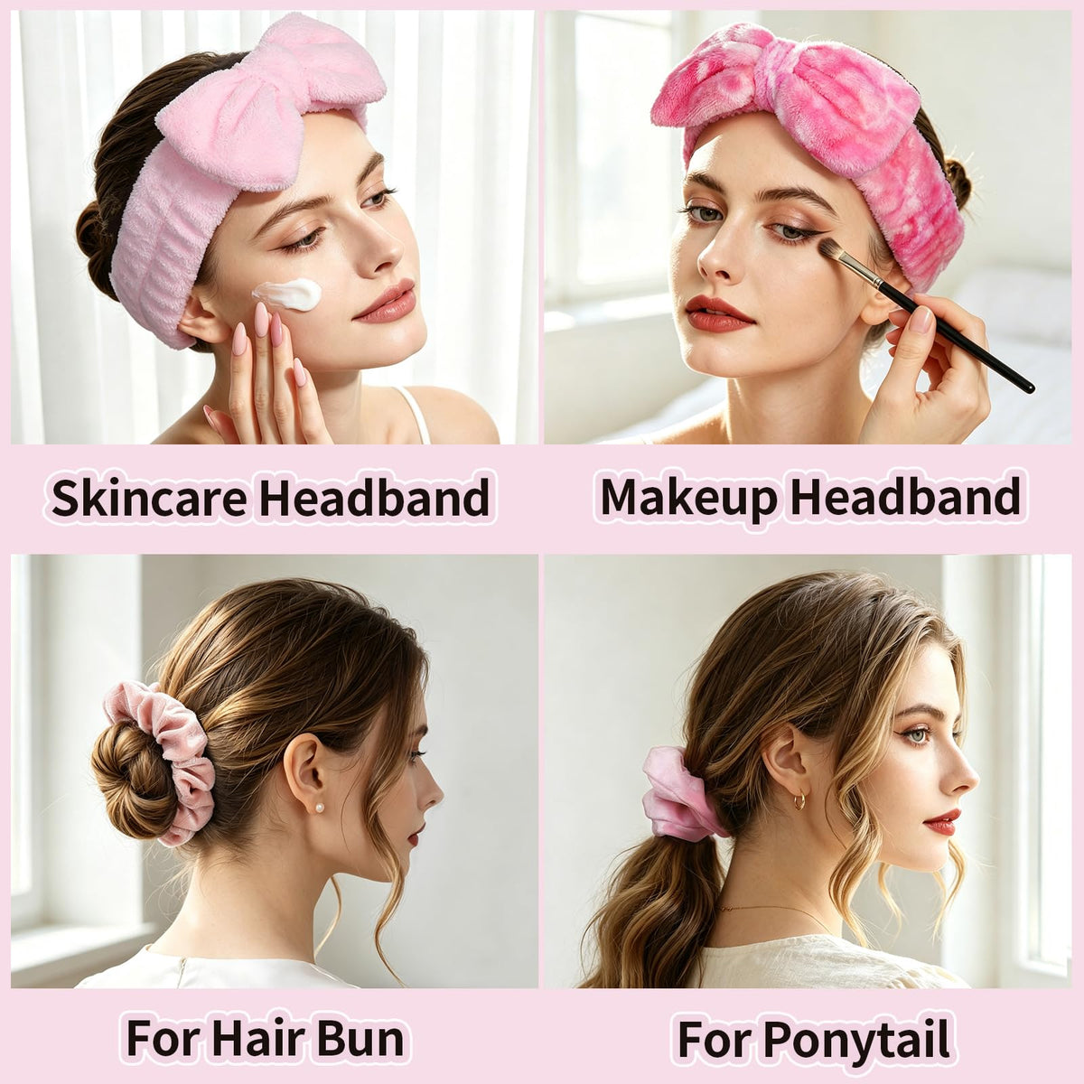 LEOBRO Spa Headband, 6pcs Makeup Headbands and Hair Scrunchies, Bow Skin Care Headband for Washing Face for Teen Girls Women, Easter Basket Valentines Christmas Gift for Girls, Black & White & Gray