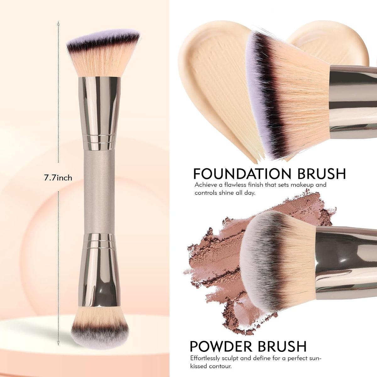 Dual-Ended Foundation Brush: Round & Angled makeup brushes, 100% Vegan Synthetic Makeup Brush for Flawless Blending and Application of Liquid, Powder, Cream, Blush