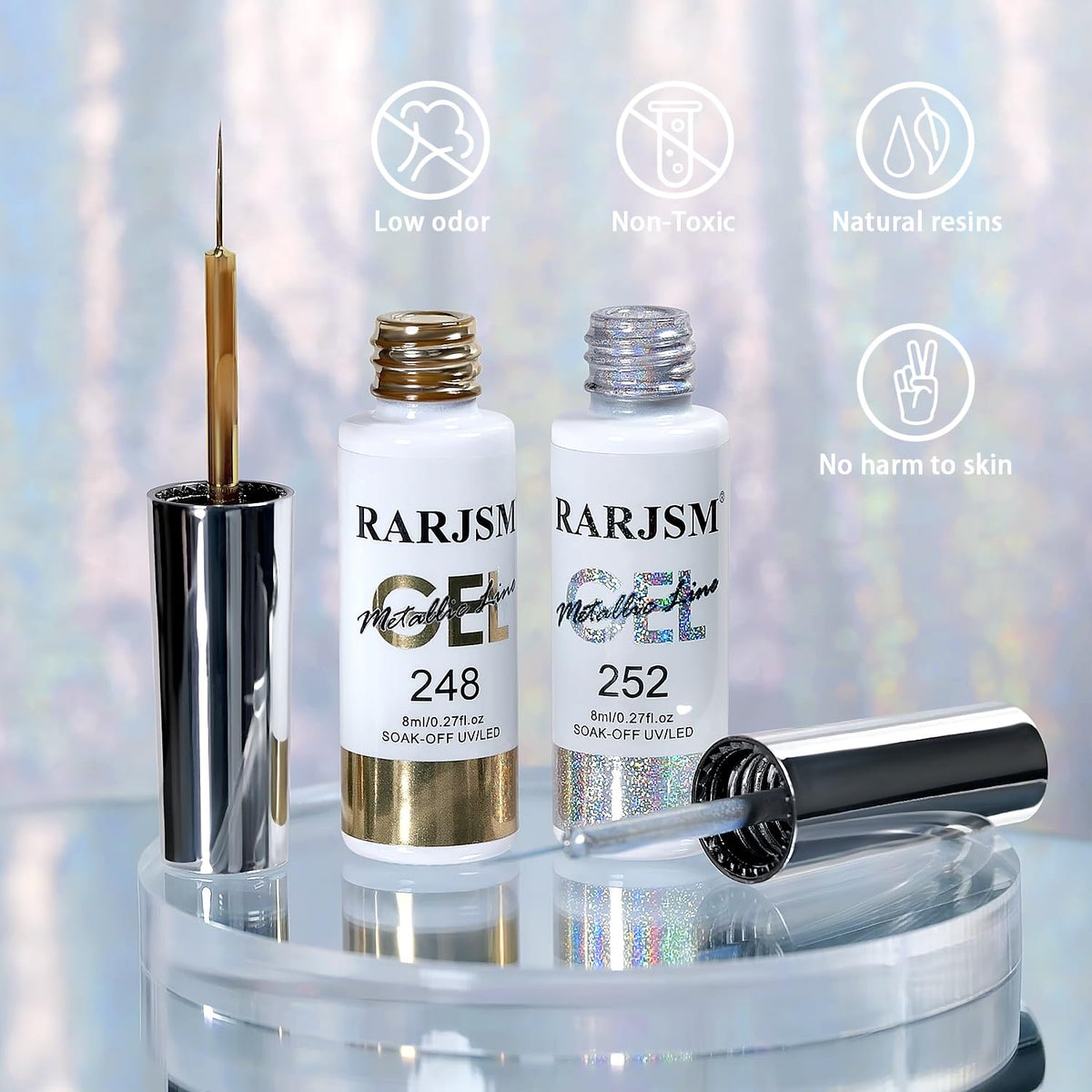 RARJSM Metallic Gel Liner Nail Art Silver Bronze Gold 2pcs Set Mirror Chrome 3D Effect Gel Nail Polish 8ml Build in Thin Brush Metal Painted Drawing Stripper Gelpolish Curing Requires for Home Salon
