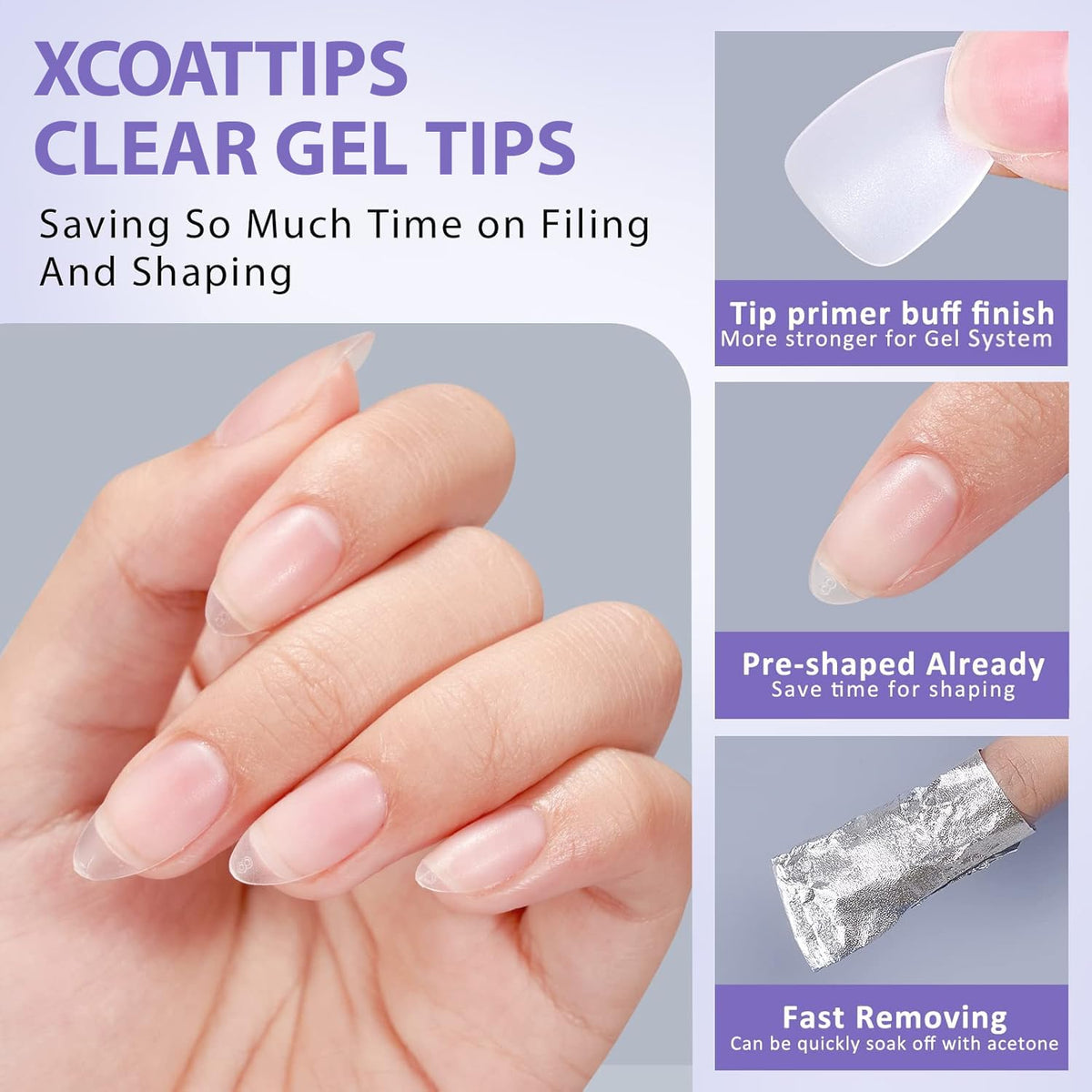BTArtbox Half Cover Clear Fake Nails with Case, Long Square, 500 Pcs