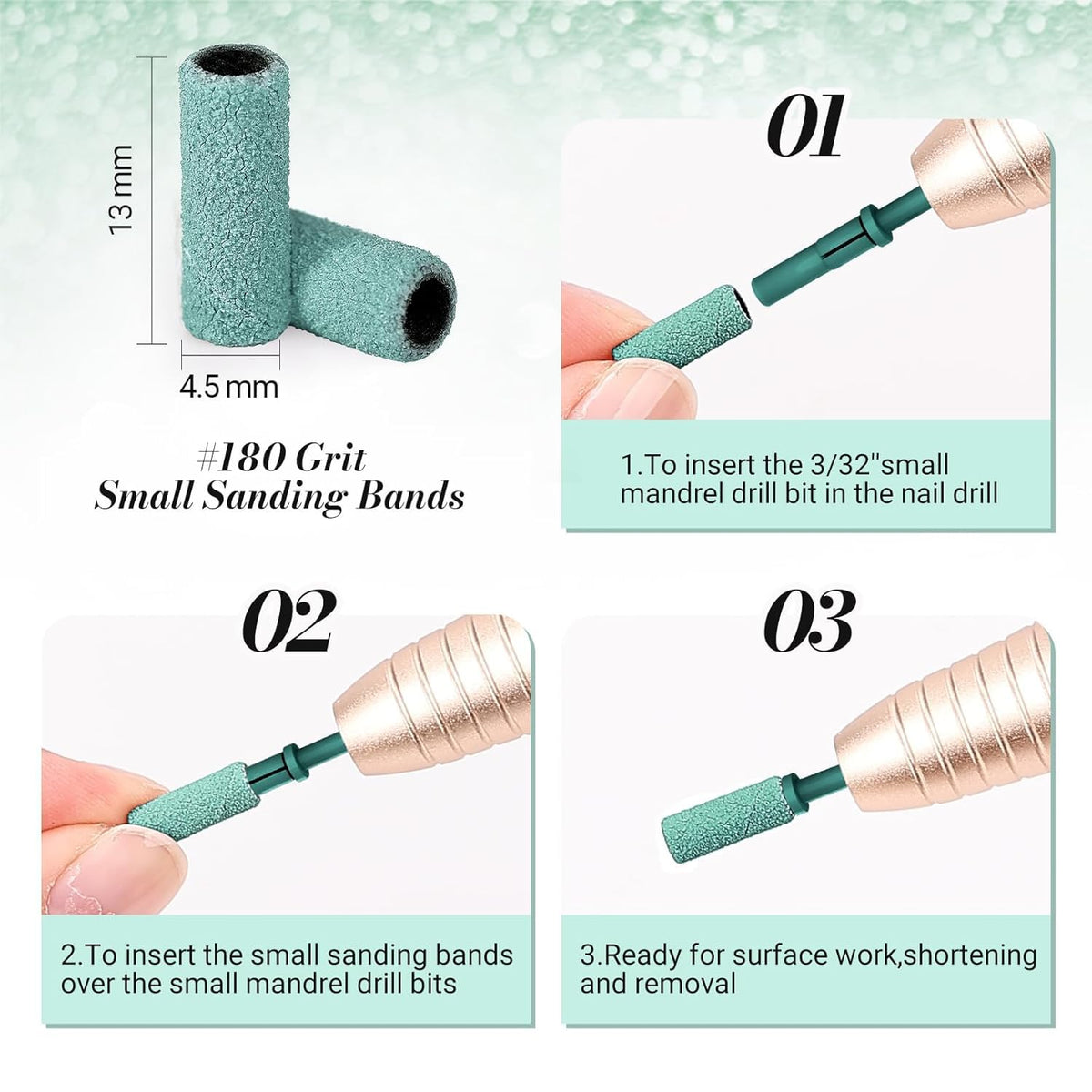 MelodySusie 120 Pcs Nail Drill Bits Small Sanding Bands for 3.1mm Mandrel Bit, 180 Fine Grit Nail File for Acrylic Nails Gel Manicures and Pedicure, Pink (Only Sanding Bands)