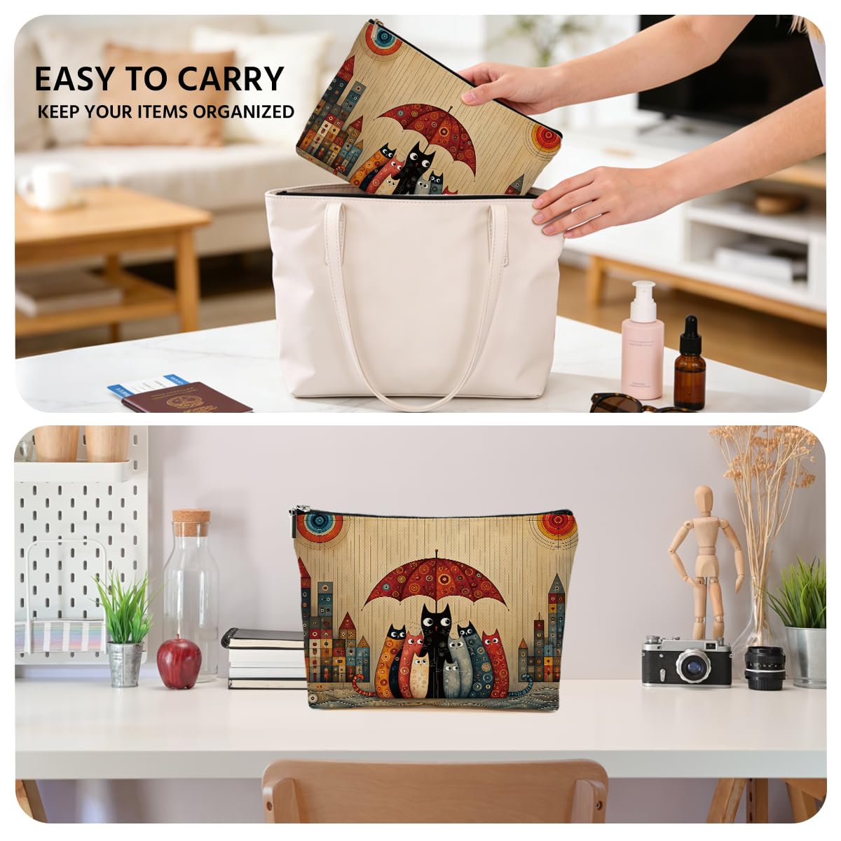 JIUWEIHU Goth Cat Makeup Bag, Funny Cat Cosmetic Bags Travel Organizer Bag