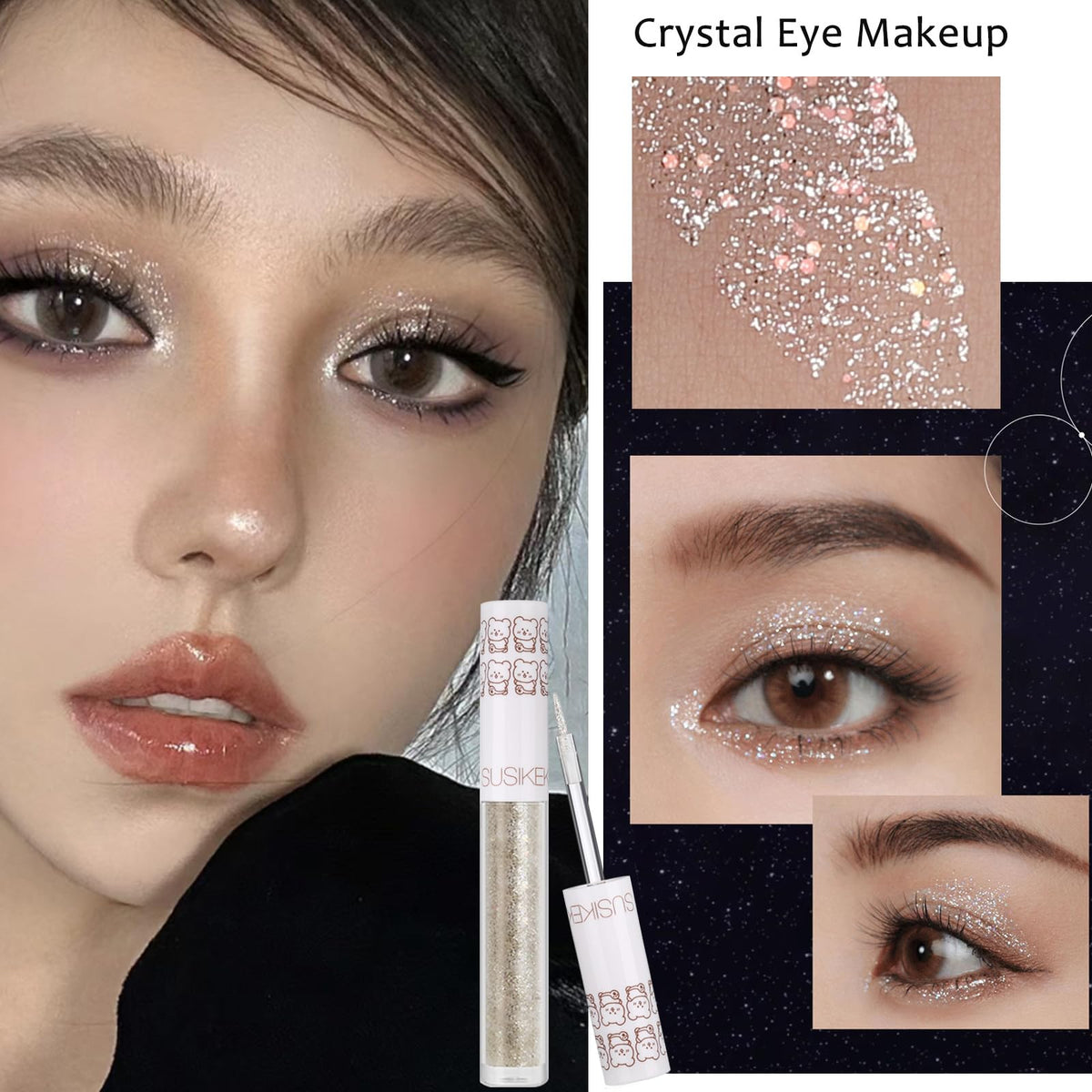 6Pcs Liquid Glitter Eyeshadow Eyeliner, Korean Makeup, Bling Under Eye Shadow, Shimmer Eye Make Up Valentine's Gift Set,Long Lasting,Quick Drying & Pigmented Loose Glitter Glue for Crystals Makeup