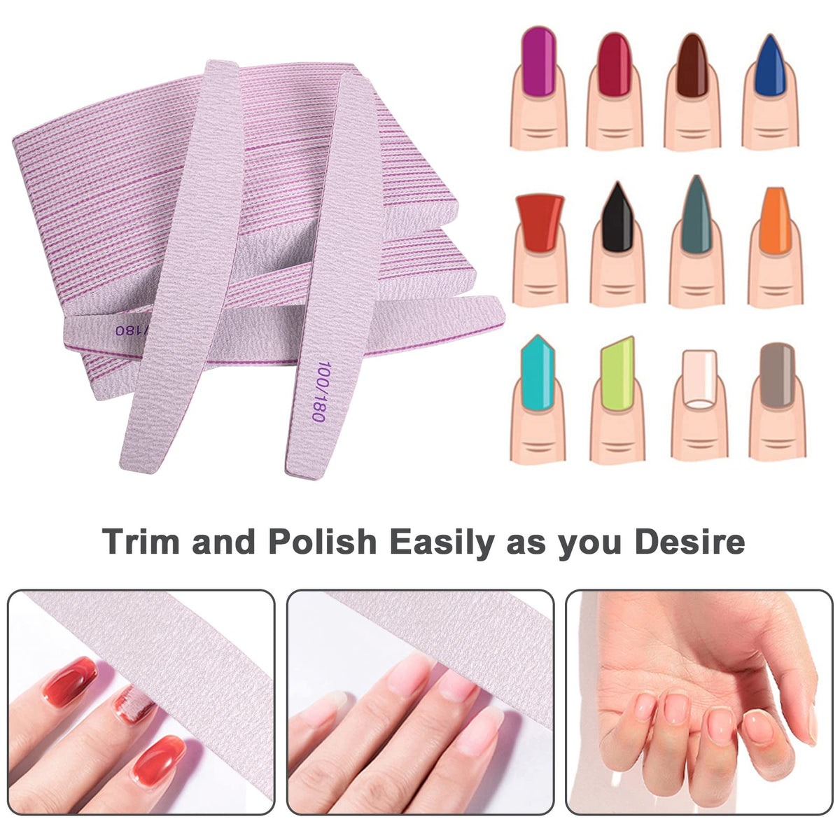 50 Pcs Nail File, Emery Board Nail Files for Acrylic Nails and Natural Nails, 100/180 Grit Double Sided Fingernail File Gel Nail Professional Reusable Washable Manicure Pedicure Kit Set Gray