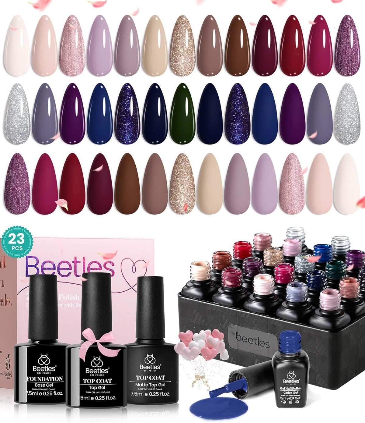 Beetles Fall Gel Nail Polish Set, 23Pcs Brown Burgundy Red Nude Pink