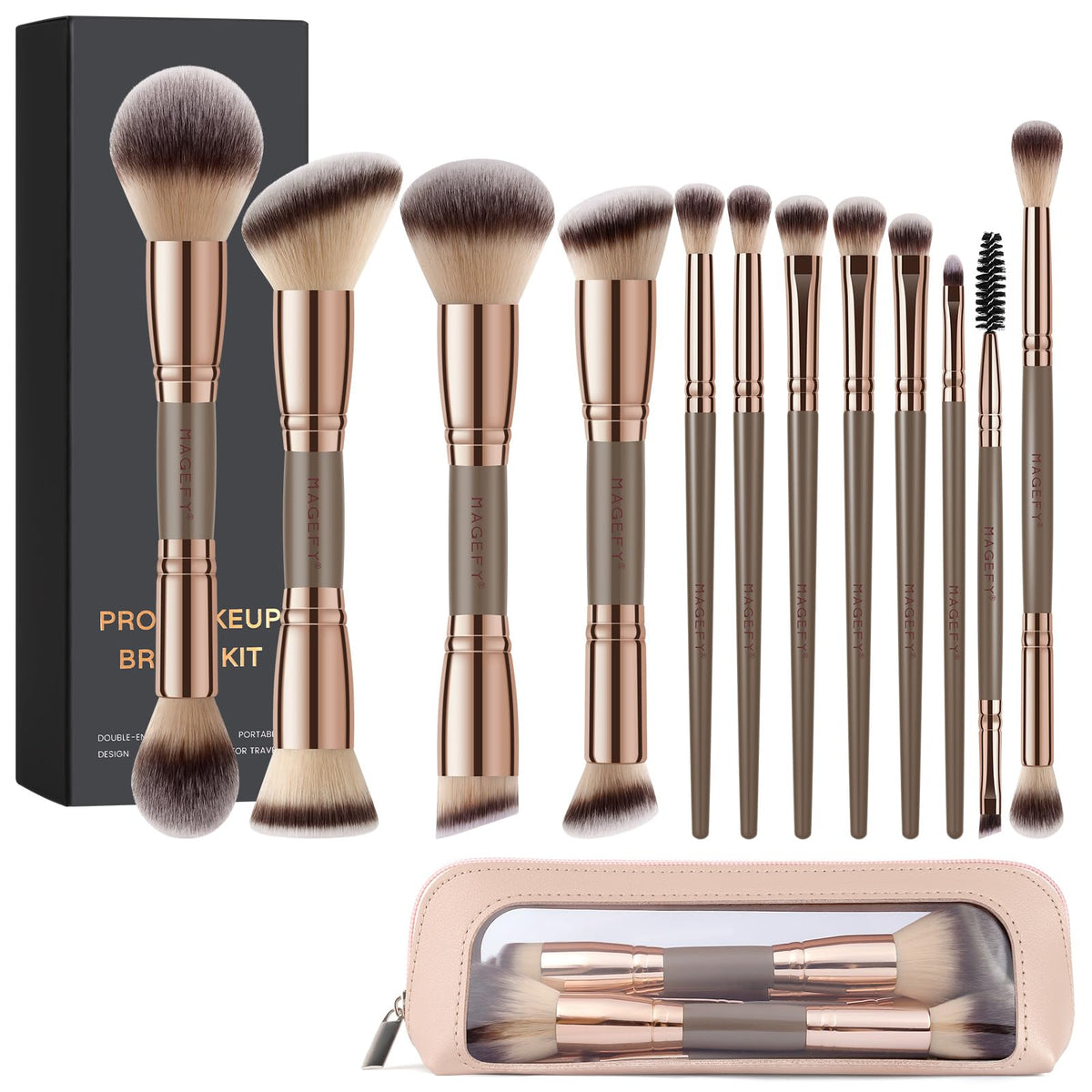 MAGEFY Makeup Brushes 12Pcs with Bag, Double-End Multi-functional for Foundation Powder Blush Eyeliner Eyeshadows brushes with Gift Box,Blackgold