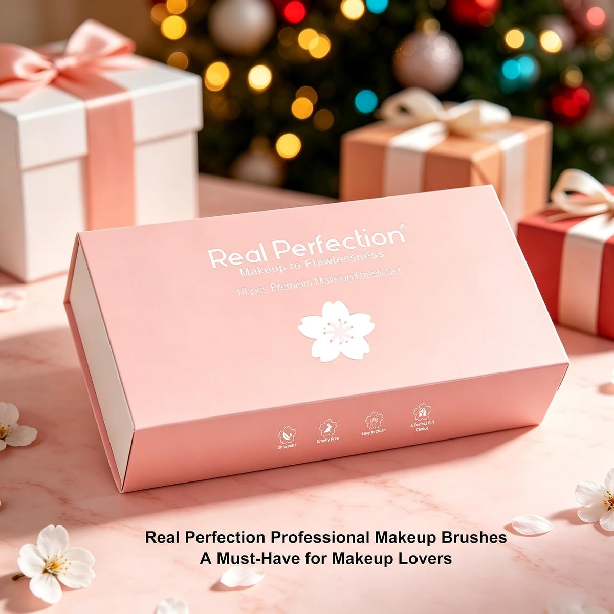 Real Perfection Professional Makeup Brushes 18 Pcs Makeup Brush Set Premium Kabuki Powder Foundation Contour Blush Concealer Eyeshadow Blending Liner Make Up Brush Kit - Pink