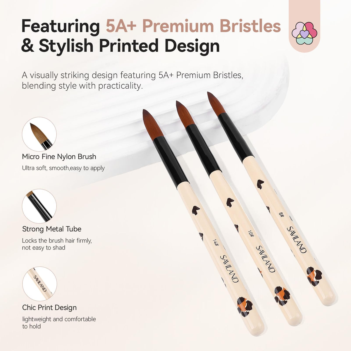 SAVILAND 3PCS Acrylic Nail Brush Set Size 8/10/14 Black & White