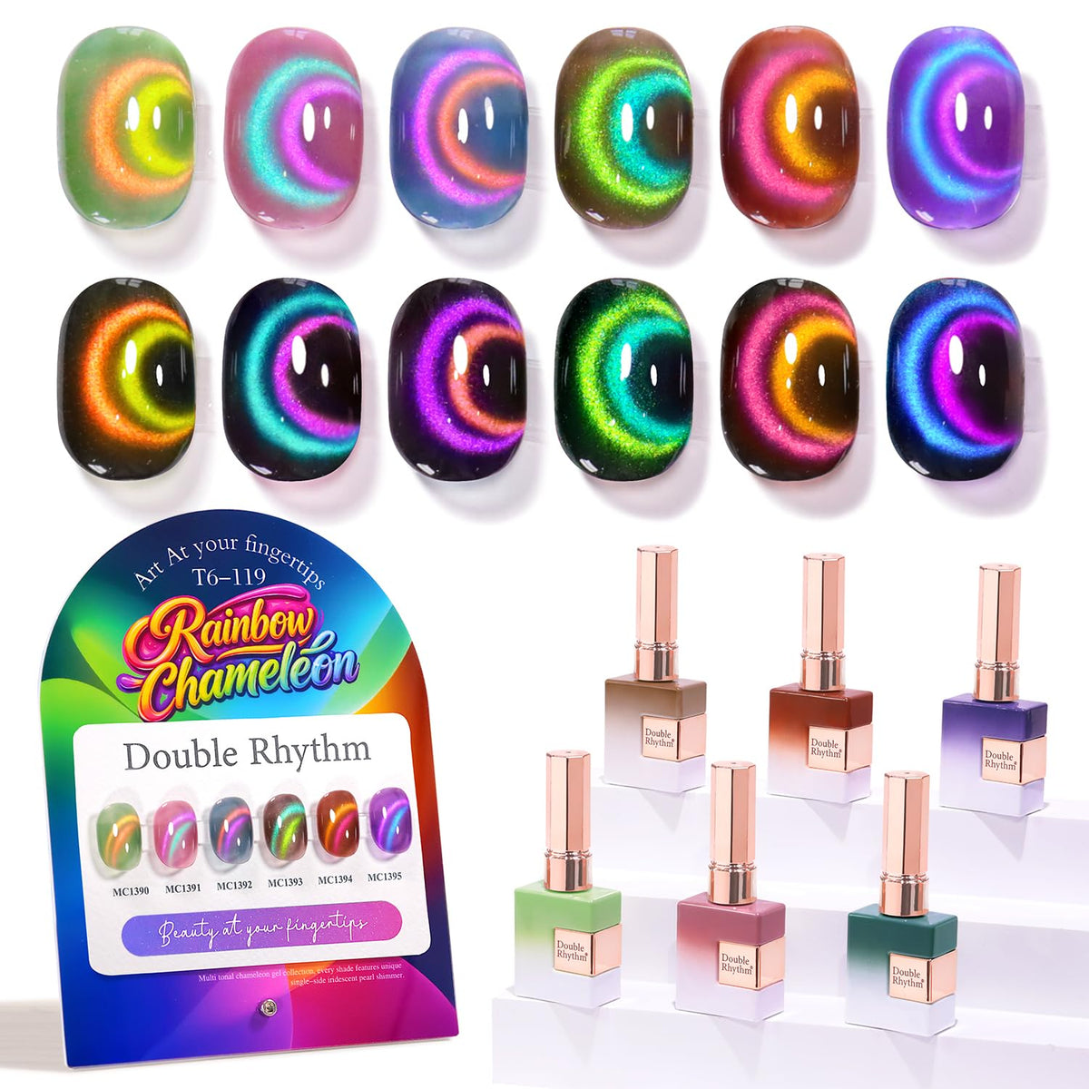 Double Rhythm Cat Eye Gel Nail Polish Set of 6 Same Color Same Bottle 0.5 Oz Shimmer Glitter with Magnet Holographic Magnetic UV Nail Polish Kit (Blush Fuchsia Magenta Purple Violet Lavender -T6-107)