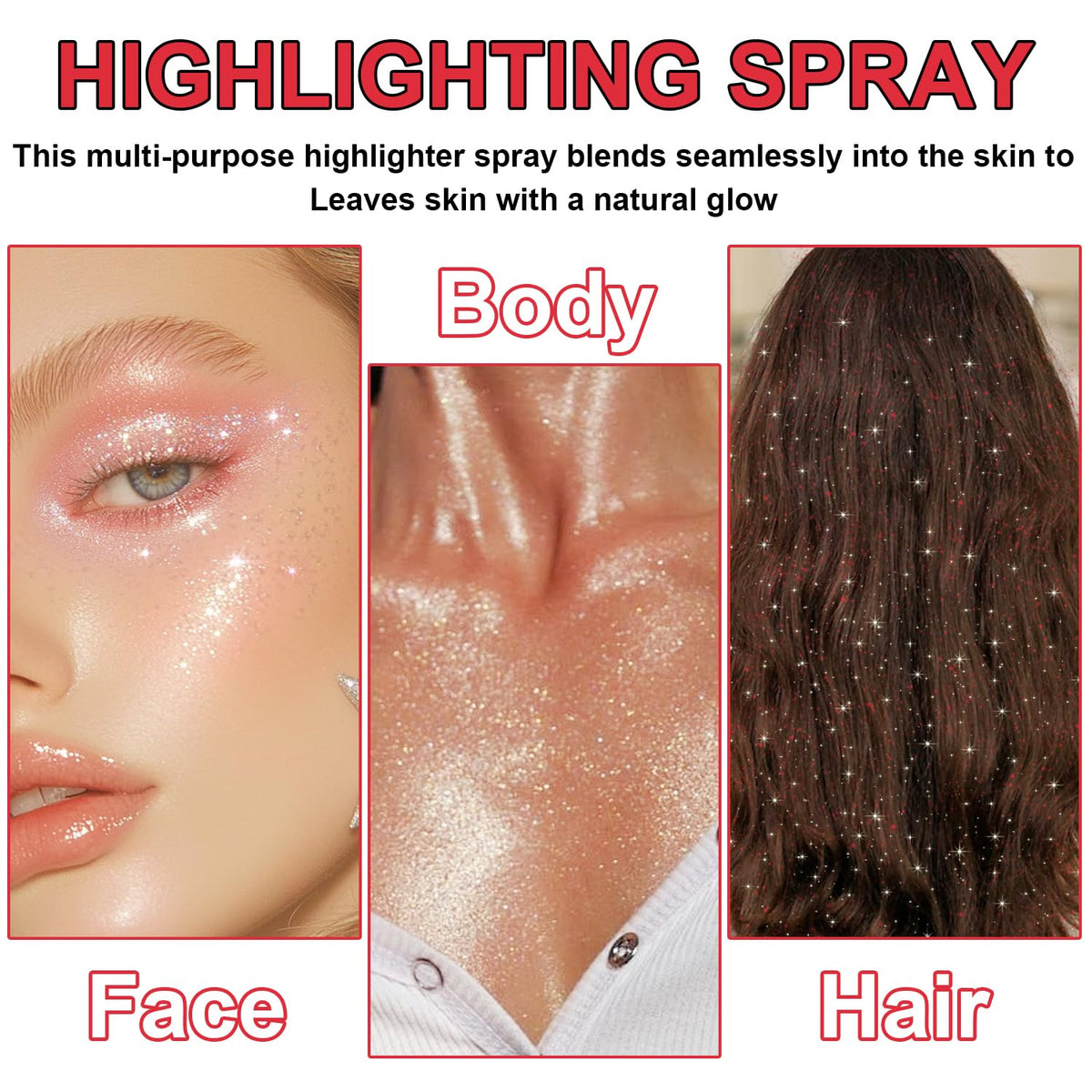 Hair and Body Glitter Spray, Shimmering Powder Sparkle Powder Makeup, Glitter Loose Sparkle Makeup for Body Highlighter,Festival Prom Rave Accessories (Glint-Rainbow)