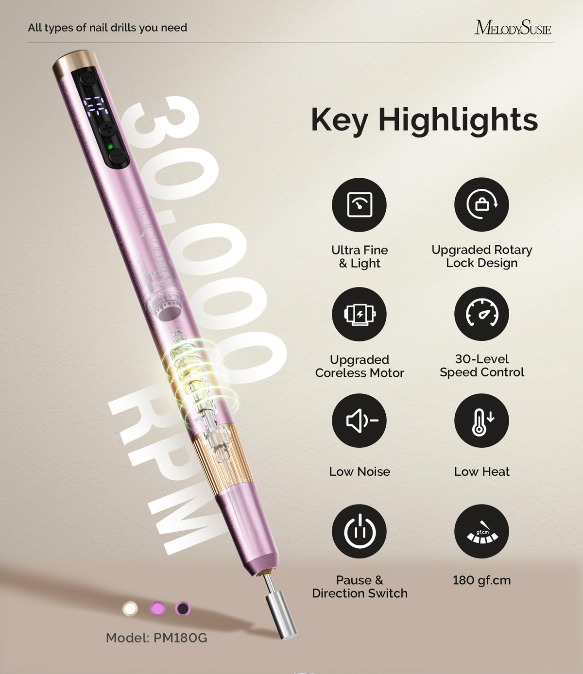 MelodySusie Pen-Shaped Cordless Nail Drill 30,000RPM PM180G for Nail Artist
