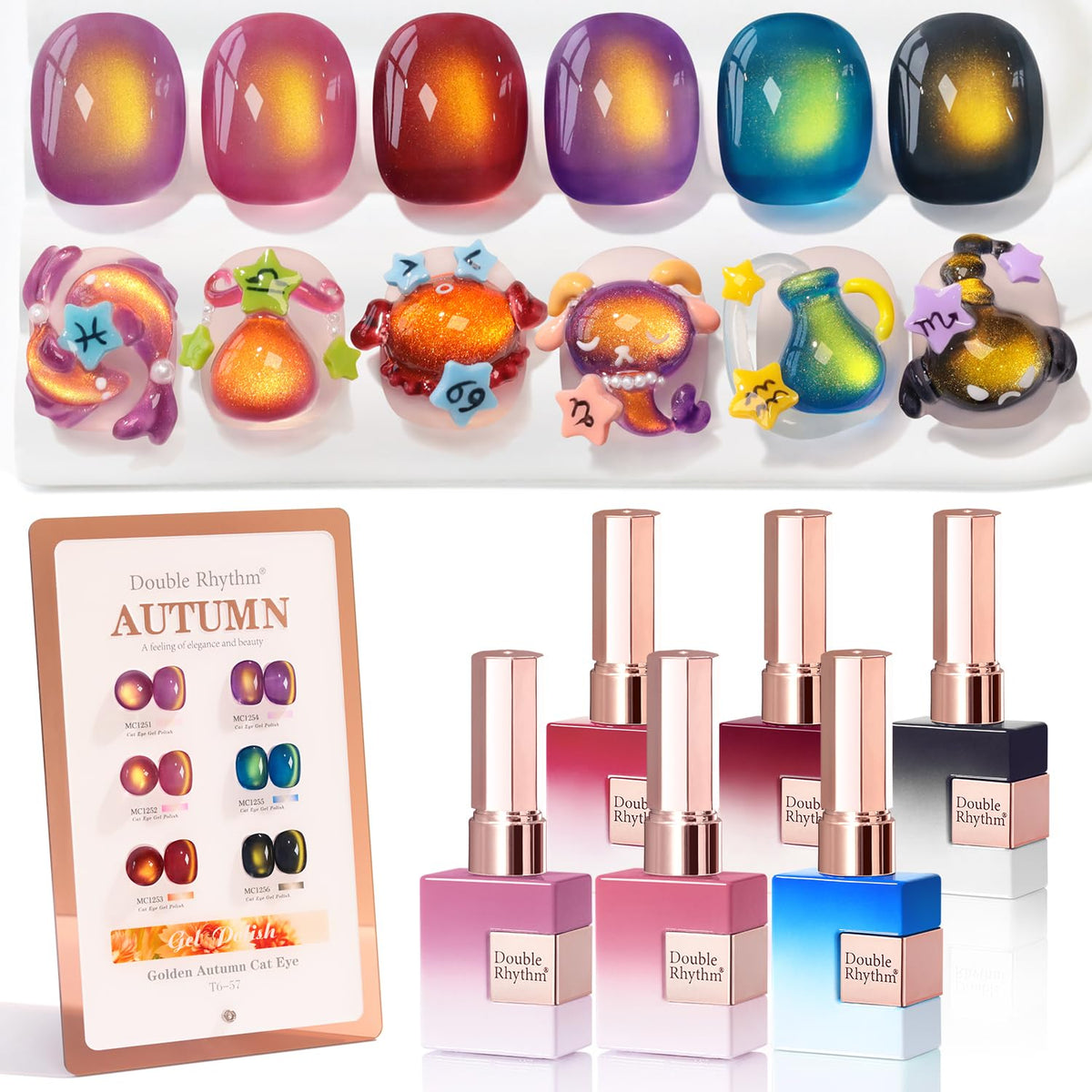 Double Rhythm Cat Eye Gel Nail Polish Set of 6 Same Color Same Bottle 0.5 Oz Shimmer Glitter with Magnet Holographic Magnetic UV Nail Polish Kit (Blush Fuchsia Magenta Purple Violet Lavender -T6-107)