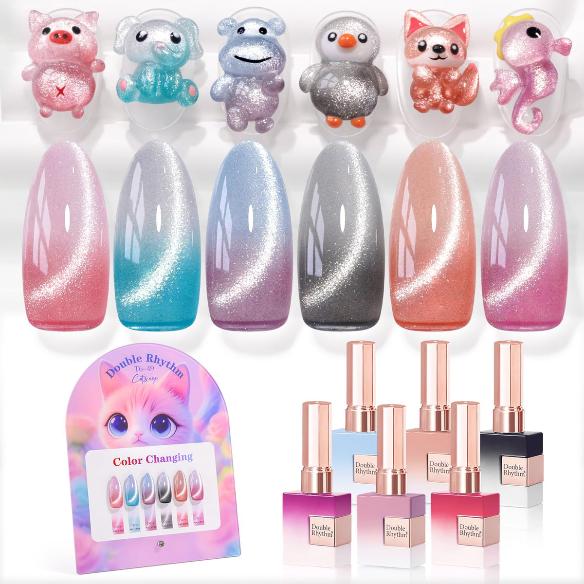 Double Rhythm Cat Eye Gel Nail Polish Set of 6 Same Color Same Bottle 0.5 Oz Shimmer Glitter with Magnet Holographic Magnetic UV Nail Polish Kit (Blush Fuchsia Magenta Purple Violet Lavender -T6-107)