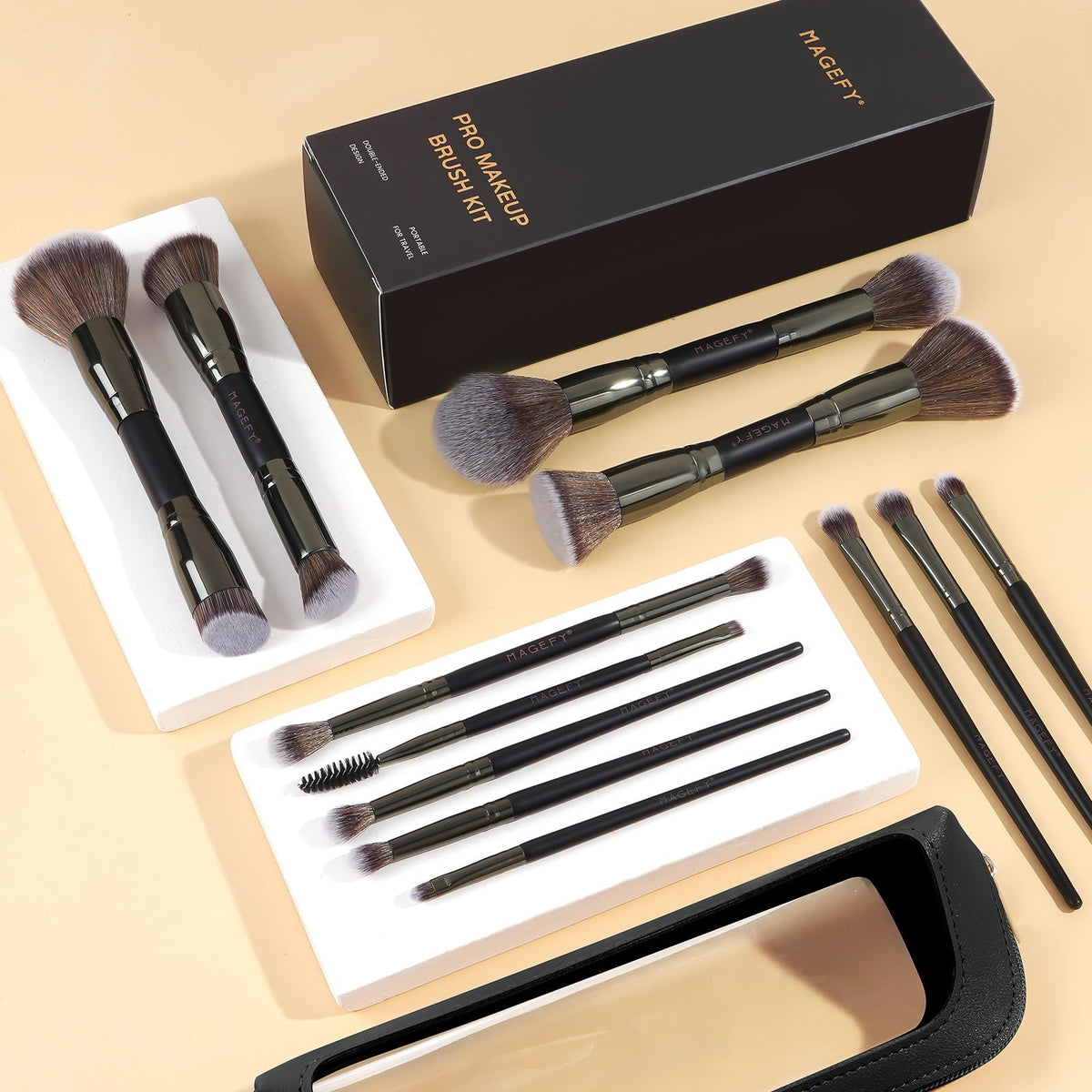 MAGEFY Makeup Brushes 12Pcs with Bag, Double-End Multi-functional for Foundation Powder Blush Eyeliner Eyeshadows brushes with Gift Box,Blackgold