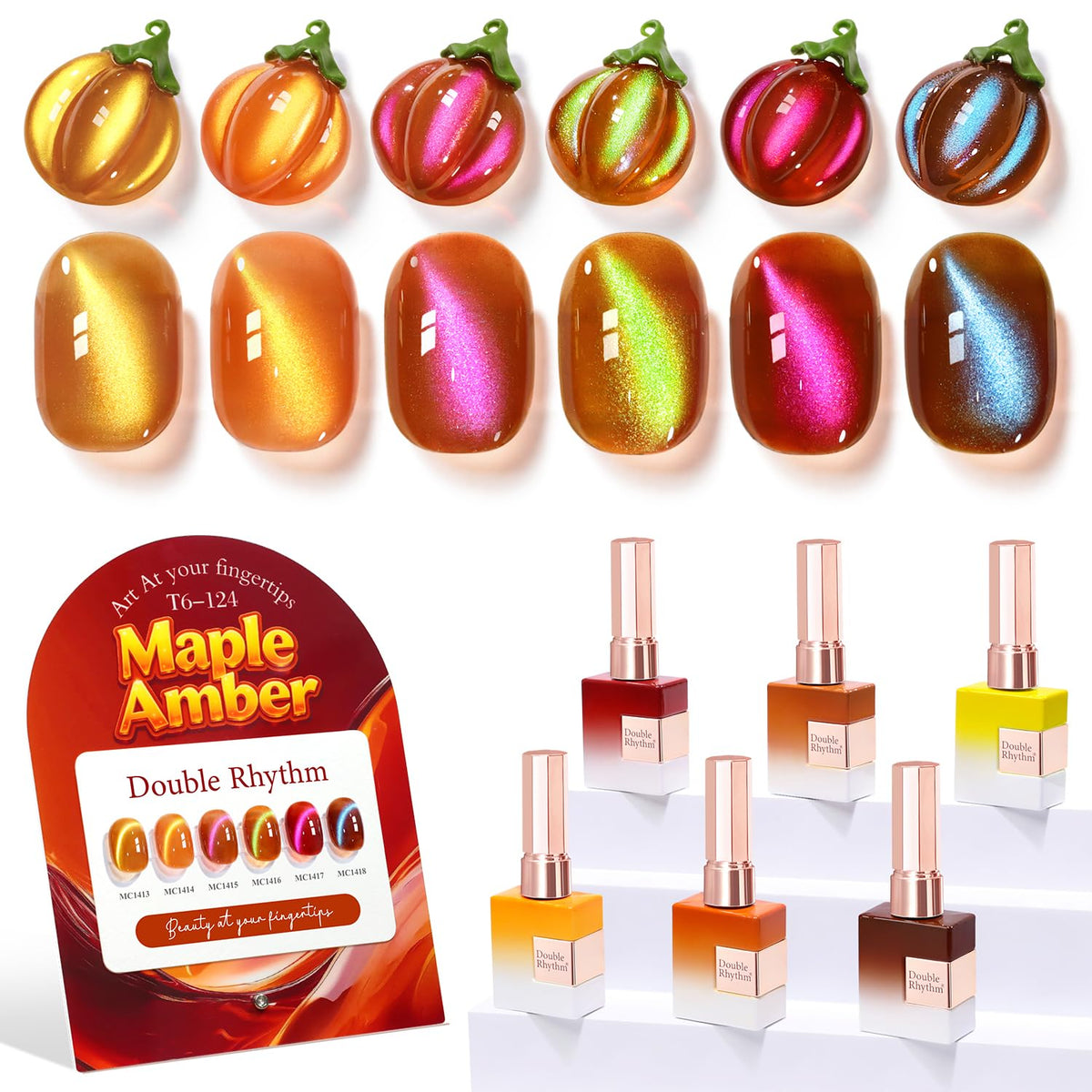 Double Rhythm Cat Eye Gel Nail Polish Set of 6 Same Color Same Bottle 0.5 Oz Shimmer Glitter with Magnet Holographic Magnetic UV Nail Polish Kit (Blush Fuchsia Magenta Purple Violet Lavender -T6-107)