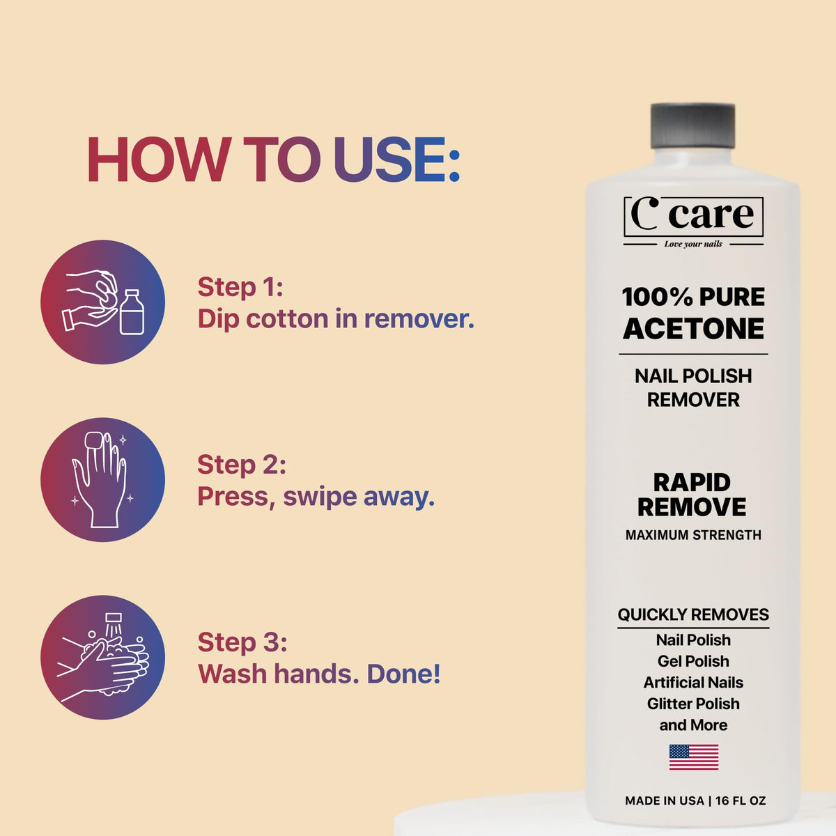 100% Pure Acetone Nail Polish Remover | Professional Quality | Easy To Use | Rapidly Removes Natural, Gel, Acrylic, shellac, and Glitter Nails | 8 Fl oz