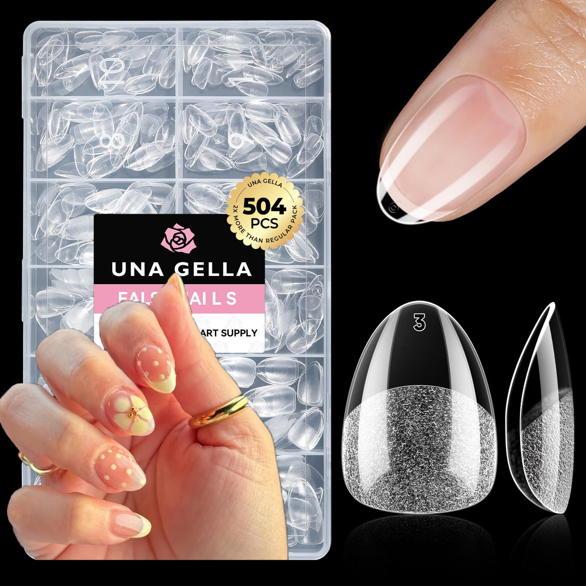 UNA GELLA Almond Gel Nail Tips 504PCS Pre-Etched Clear Fake Nails Tips