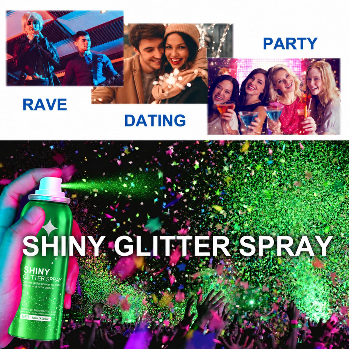 HANYWIL Body Glitter, Glitter Spray for Hair and Body, Spray, Hairspray Clothes, Long-Lasting Shimmer Suitable Stage, Festival Rave Makeup Prom 2.11 Fl Oz