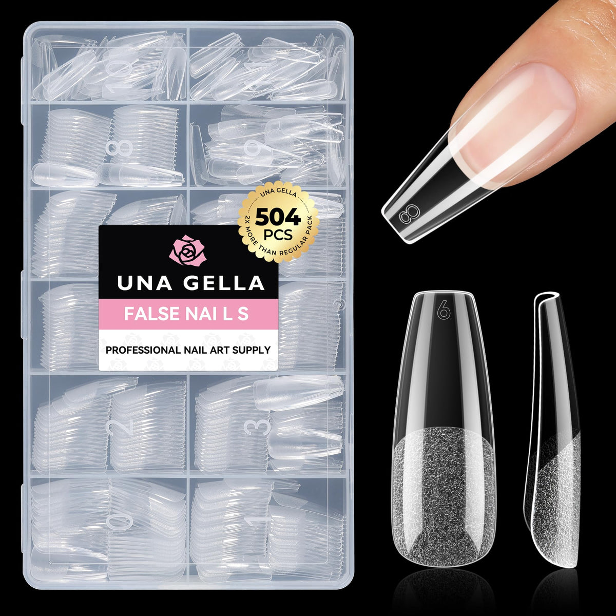 UNA GELLA Almond Gel Nail Tips 504PCS Pre-Etched Clear Fake Nails Tips