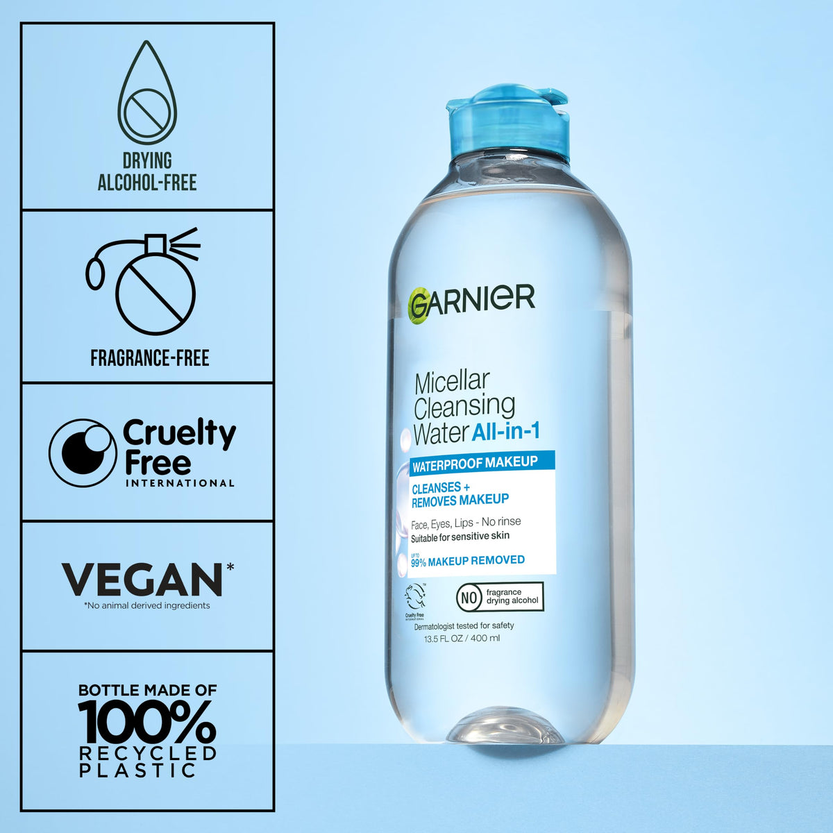 Garnier SkinActive Micellar Water For Waterproof Makeup, Facial Cleanser & Makeup Remover, 13.5 Fl Oz (400mL), 1 Count (Packaging May Vary)