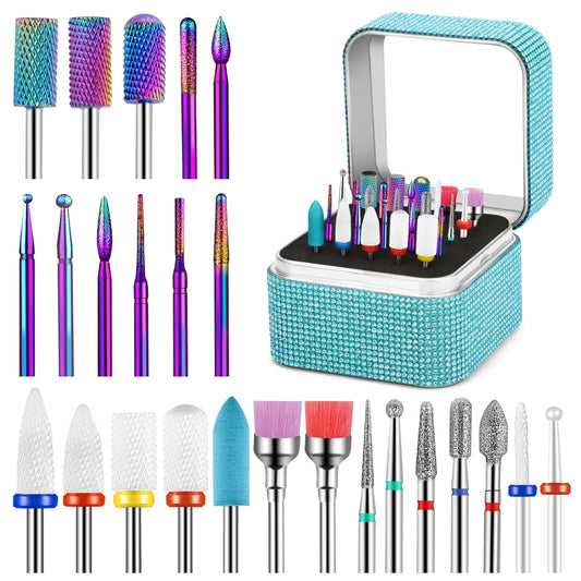 25Pcs Nail Drill Bits Set with Rhinestone Storage Box