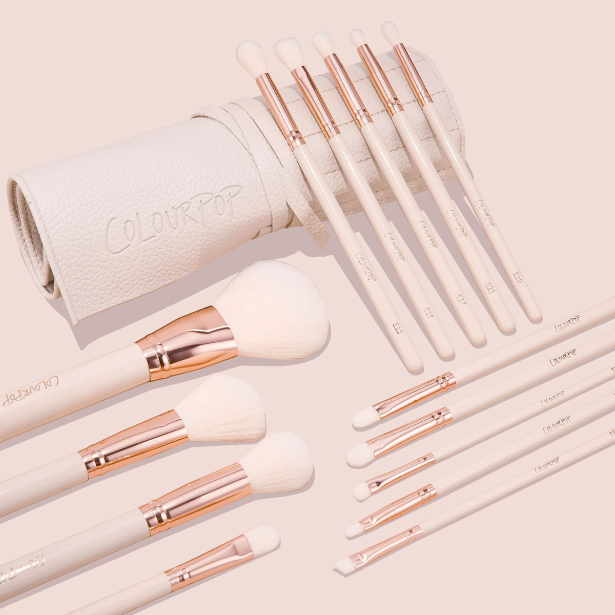 ColourPop Stone Cold Brush Roll Face & Eye Brush Set - Face & Eye Makeup Brush Set - Made with Luxe Synthetic Vegan Bristles - Includes Holder (15 Count)