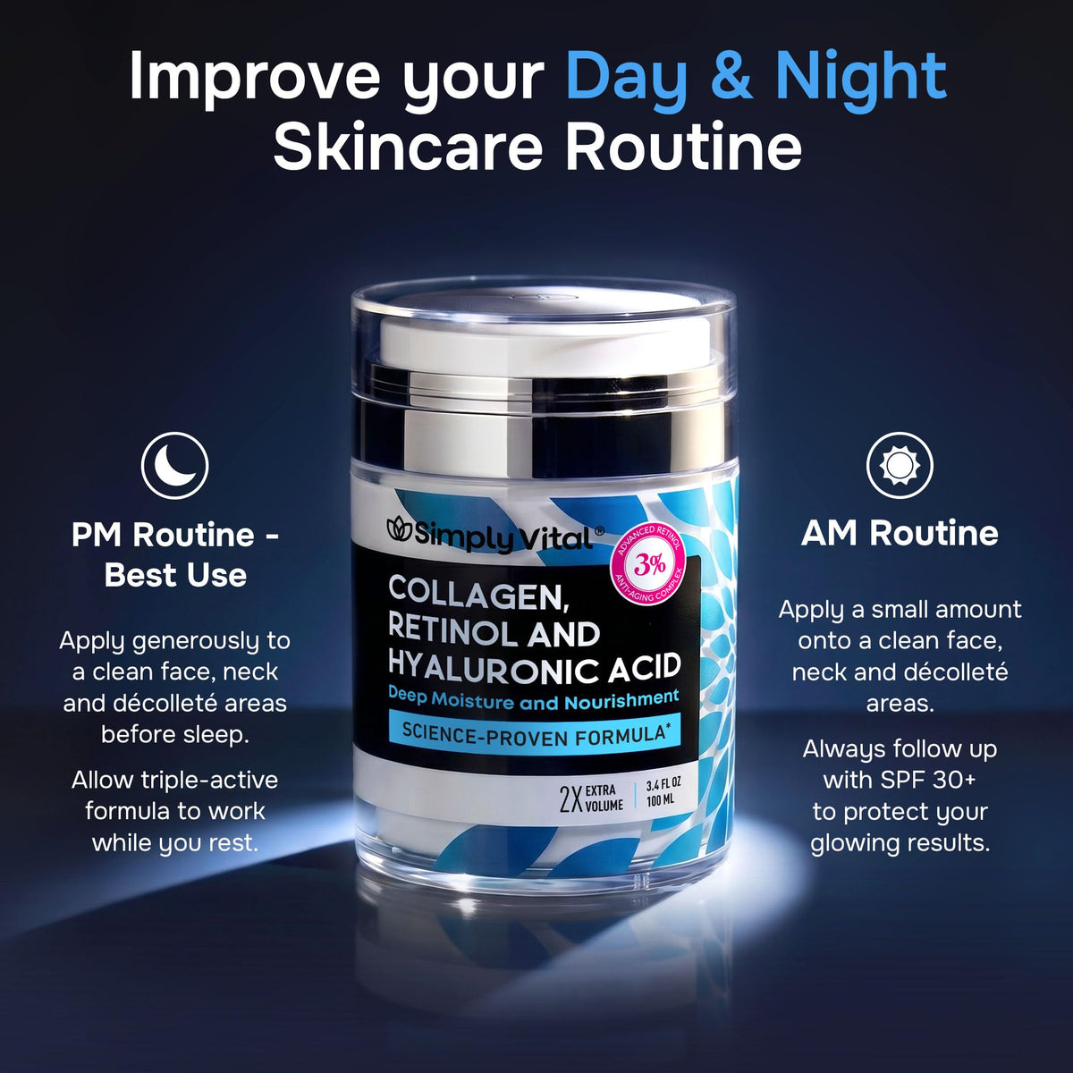 SimplyVital Face Moisturizer Retinol Collagen Hyaluronic Acid Cream 1.7 oz