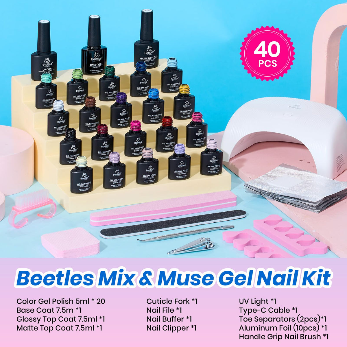 Beetles Gel Nail Polish Set, 63 PCS 55 Colors Gel Polish Kit with Base Coat