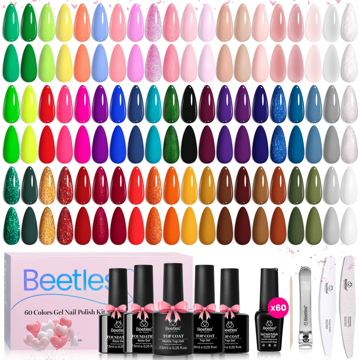 Beetles Gel Nail Polish Set, 63 PCS 55 Colors Gel Polish Kit with Base Coat