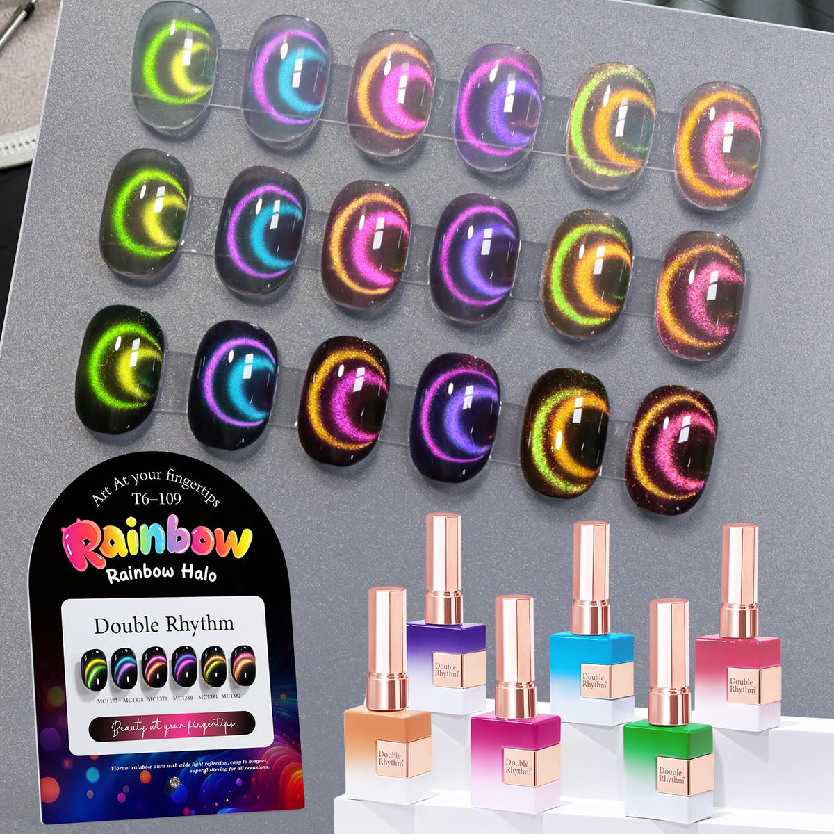 Double Rhythm Cat Eye Gel Nail Polish Set of 6 Same Color Same Bottle 0.5 Oz Shimmer Glitter with Magnet Holographic Magnetic UV Nail Polish Kit (Blush Fuchsia Magenta Purple Violet Lavender -T6-107)