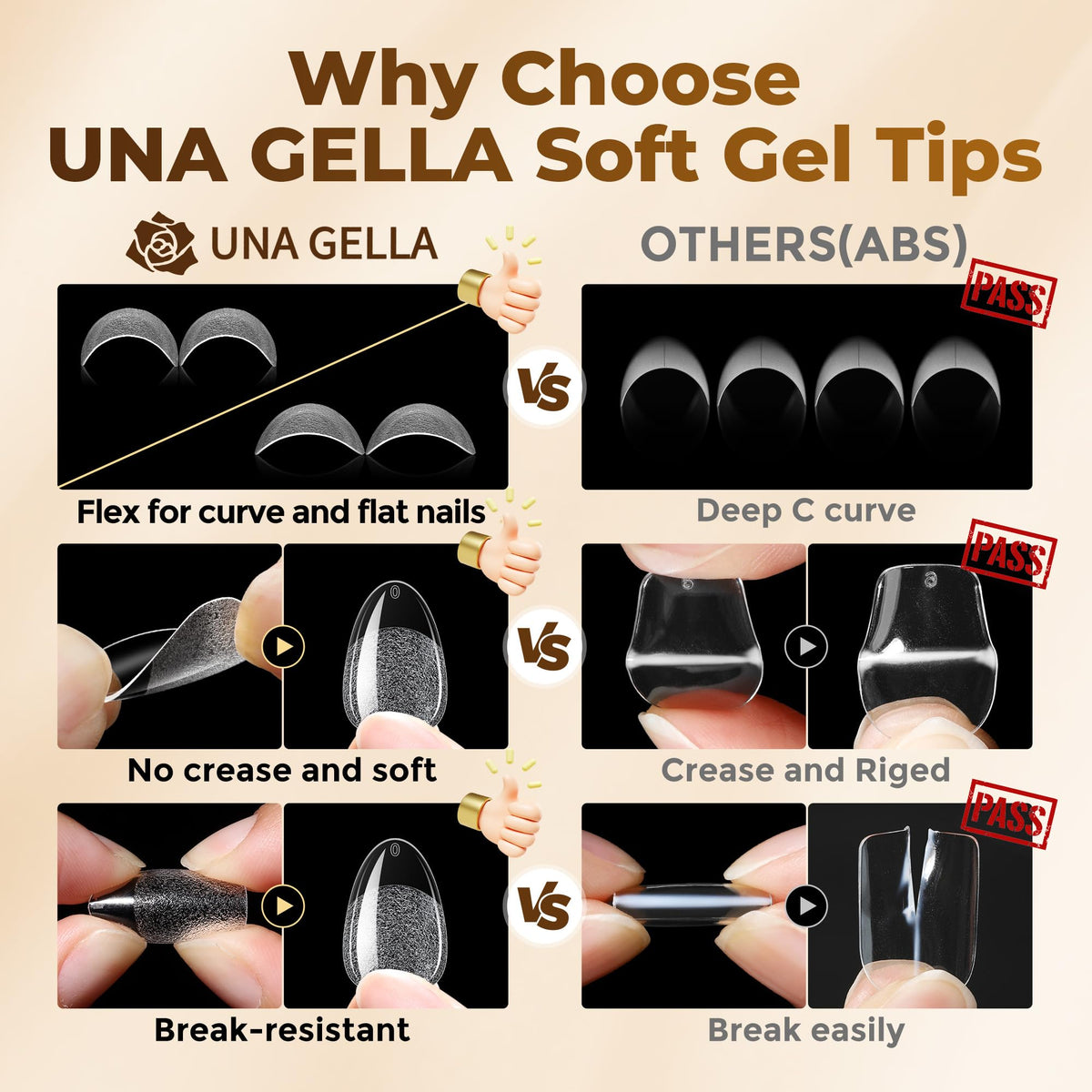 UNA GELLA Almond Gel Nail Tips 504PCS Pre-Etched Clear Fake Nails Tips