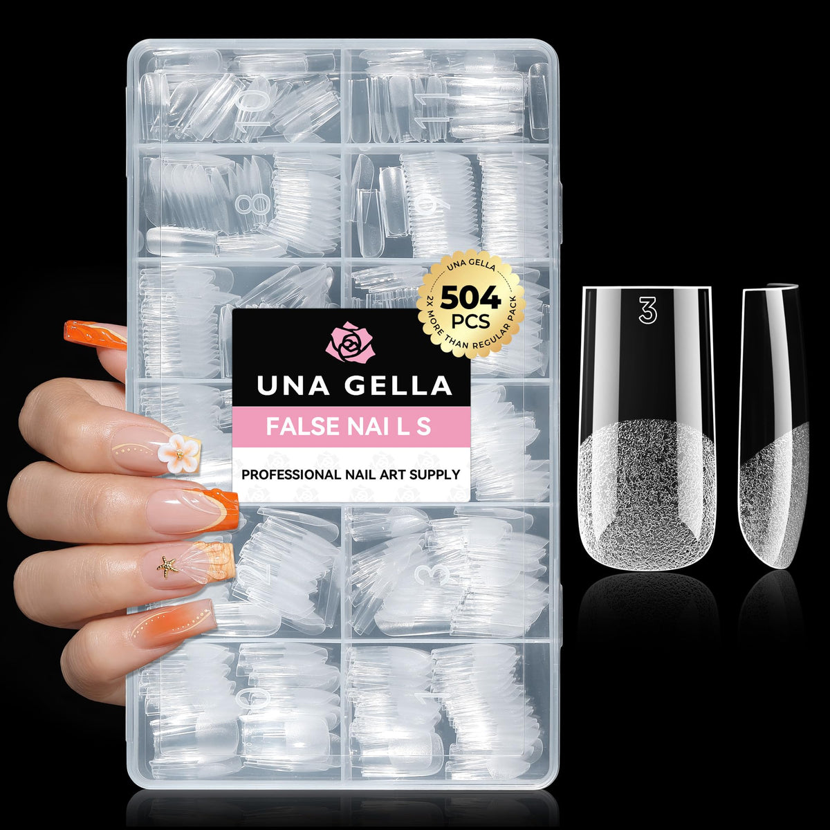 UNA GELLA Almond Gel Nail Tips 504PCS Pre-Etched Clear Fake Nails Tips