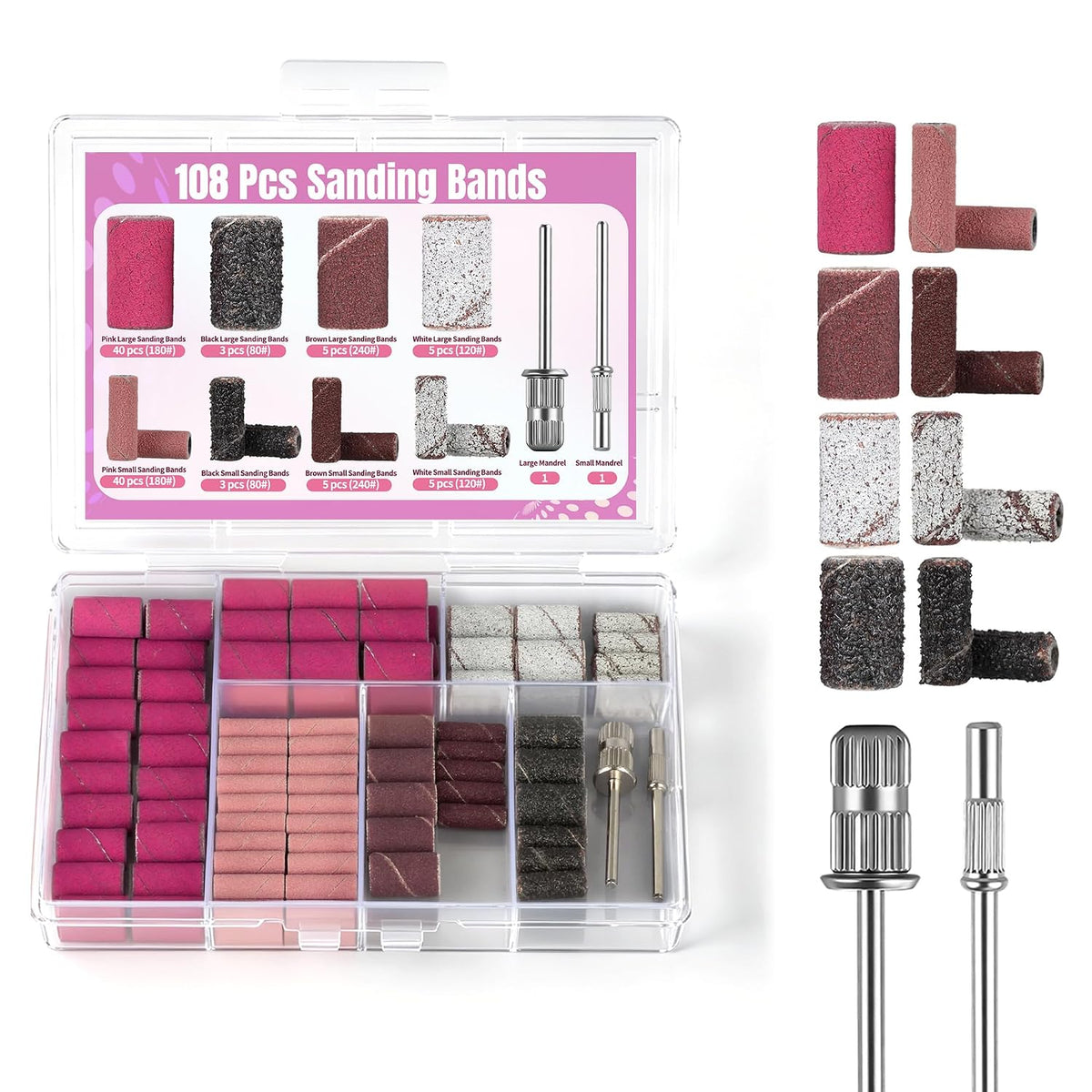 108Pcs Sanding Bands for Nail Drill, 4 Grits 80/120/180/240, 2 Sizes Nail Drill Bits Set for Acrylic Gel Manicures Pedicures with Box