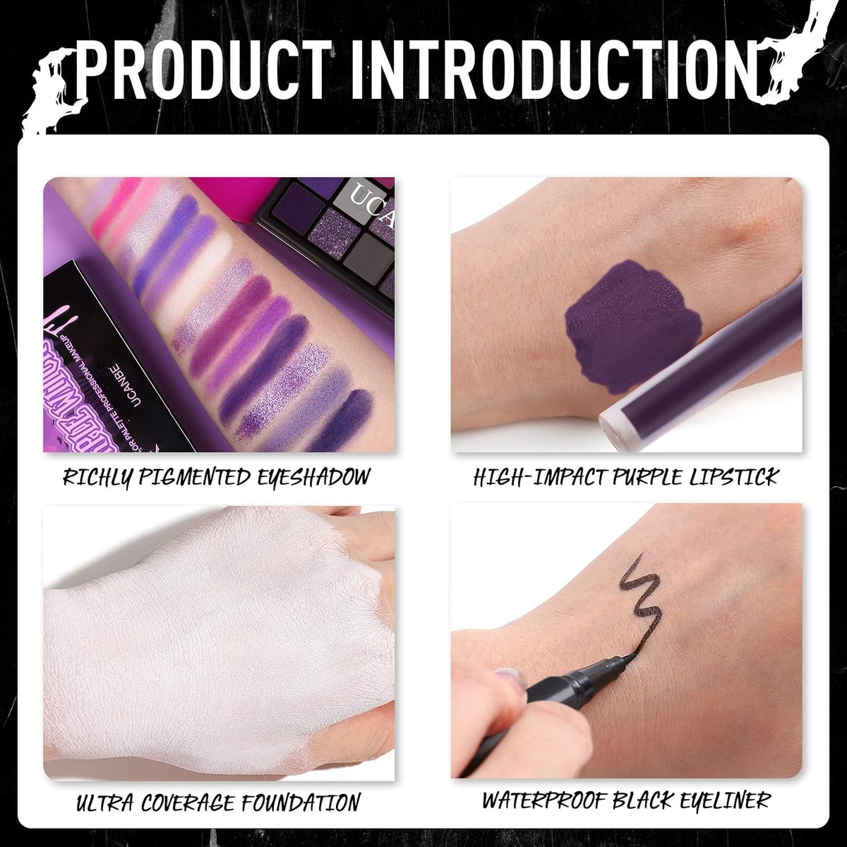 UCANBE Halloween Makeup Kit – 15-Color Purple Eyeshadow Palette, White Liquid Foundation, Purple Liquid Lipstick, Black Eyeliner, Setting Powder & Sponges Makeup Set for Cosplay Witch Devil Sorceress