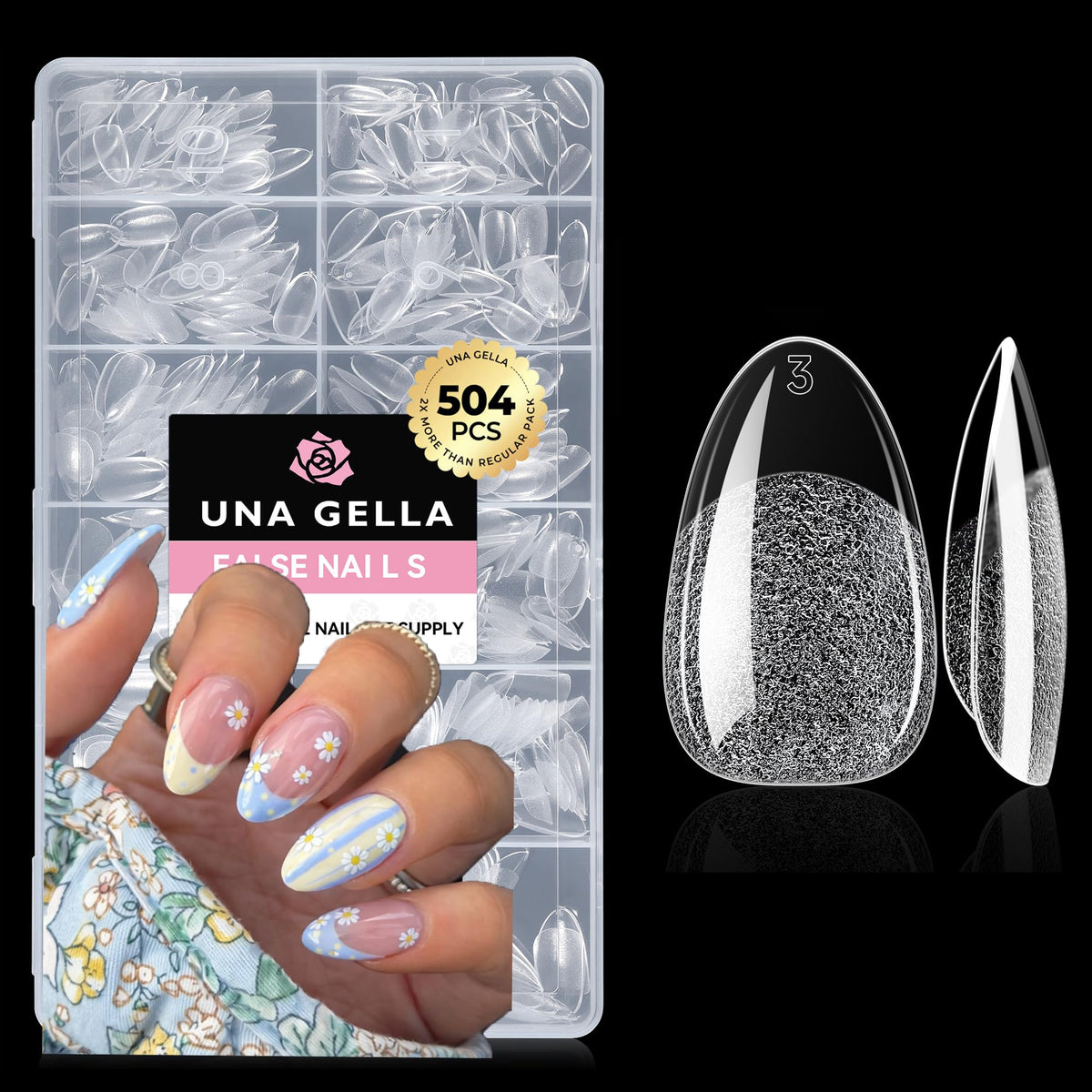 UNA GELLA Almond Gel Nail Tips 504PCS Pre-Etched Clear Fake Nails Tips